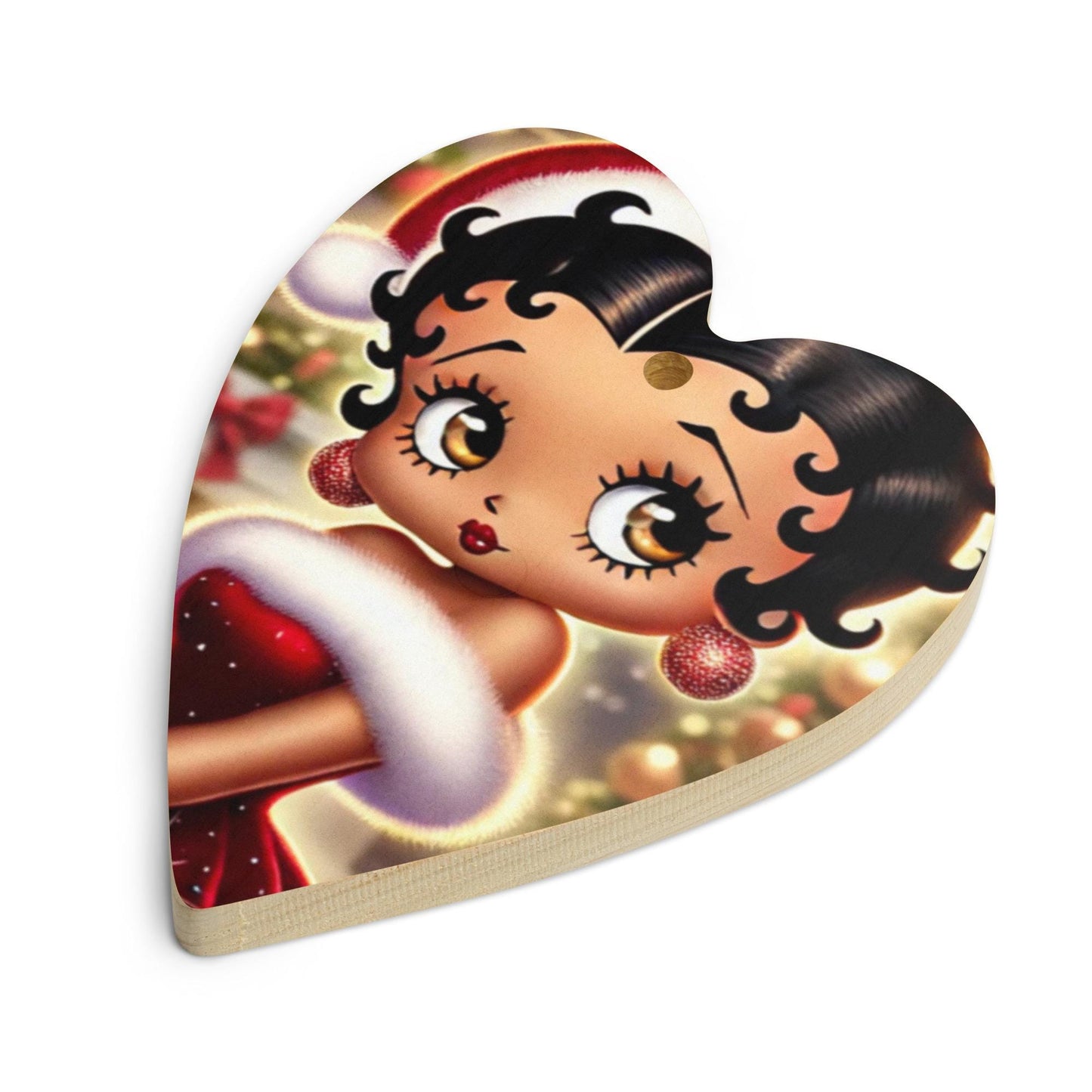 Mrs Claus Betty Boop Black Glossy Mug | Unique Black Betty Boop Design as Mrs. Claus on Wooden ornaments | Unique Christmas Ornament or Gift