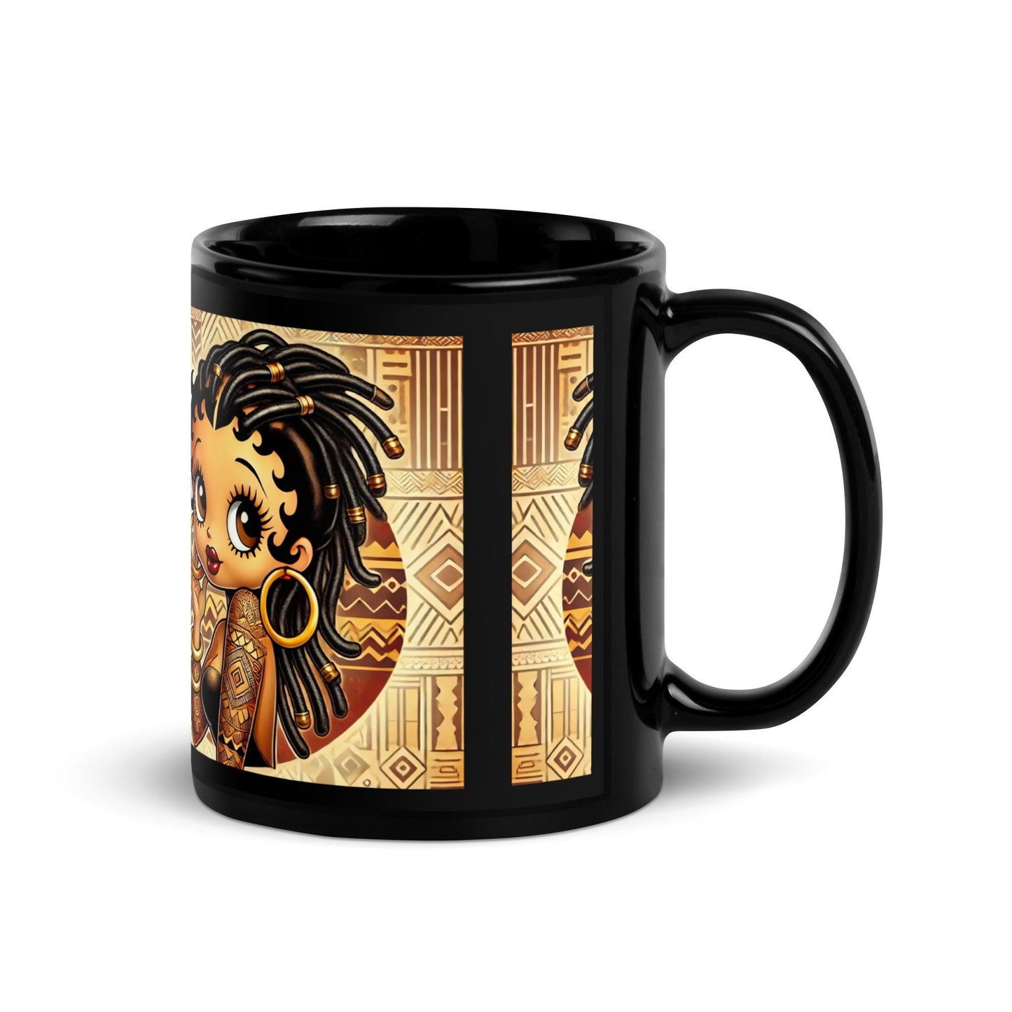 Cute African American Black Boop Like Character with Locs on Black Glossy Mug | Unique Boop Mug Gift with African Motif  HANDWASH ONLY