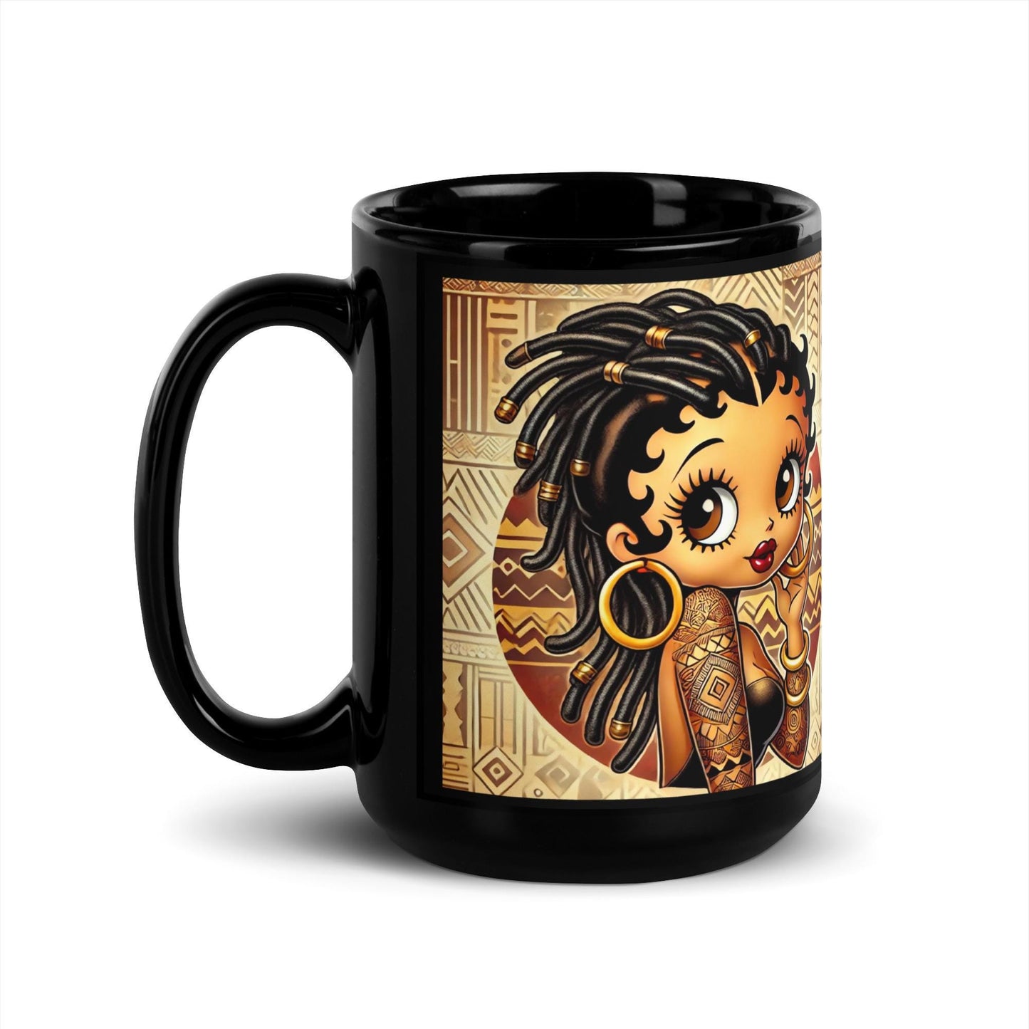 Cute African American Black Boop Like Character with Locs on Black Glossy Mug | Unique Boop Mug Gift with African Motif  HANDWASH ONLY