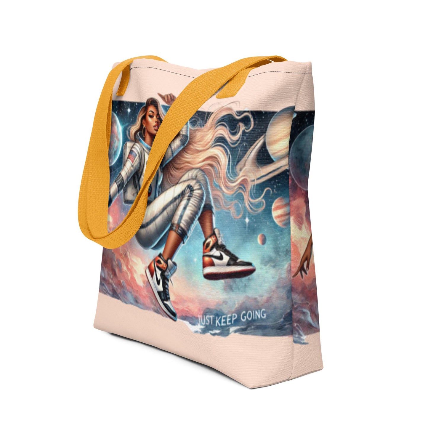 Just Keep Going Cosmic Tote bag | Black Girl in Space Durable Tote Gift for Her | Cosmic Lover Gift | Afro American Astronauts Design Tote |