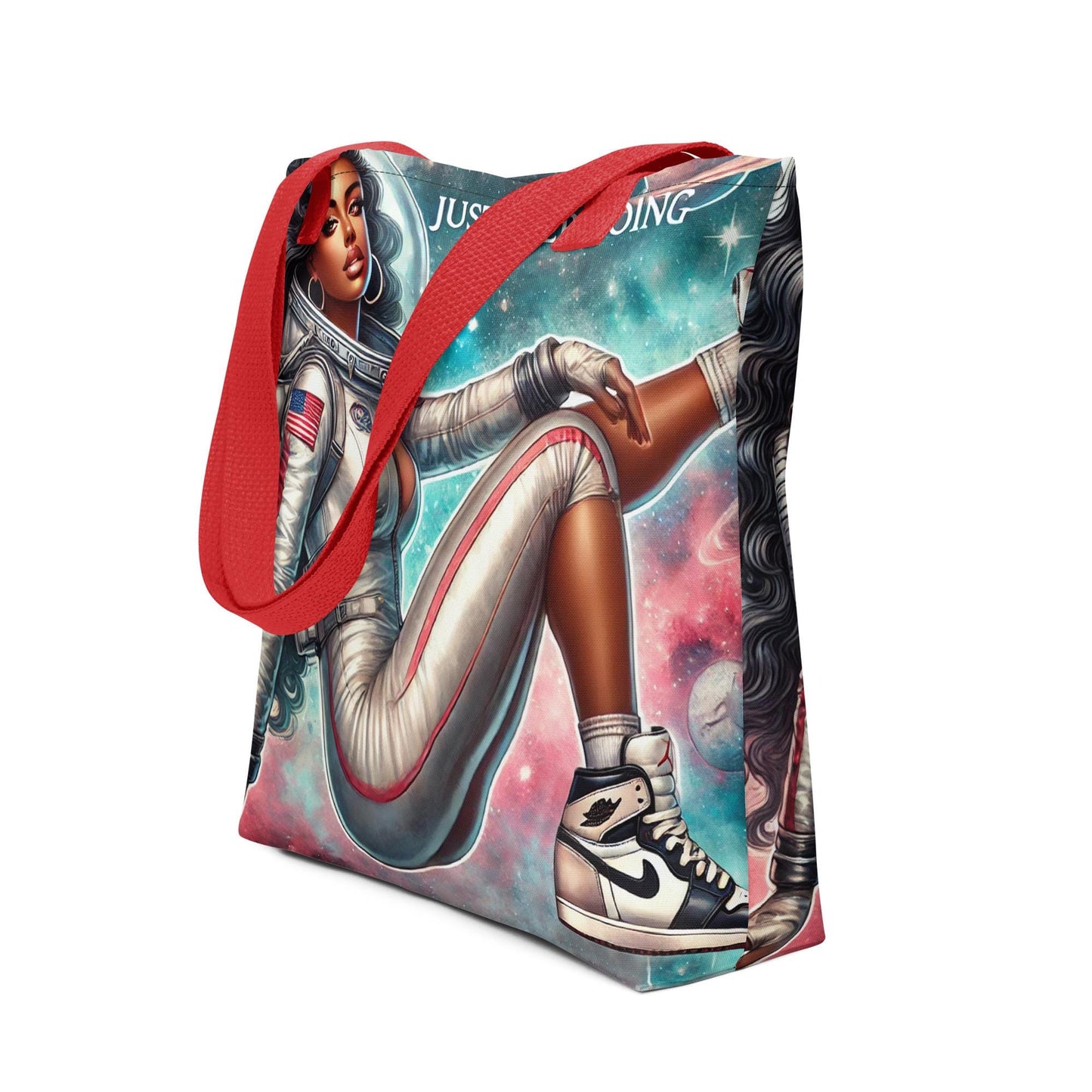 Just Keep Going Tote bag with Queen with Black Hair | Black Girl in Space Durable Tote | Cosmic Lover Gift | Afro American Astronaut Woman
