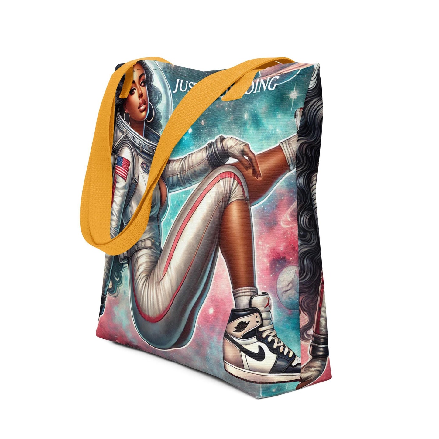 Just Keep Going Tote bag with Queen with Black Hair | Black Girl in Space Durable Tote | Cosmic Lover Gift | Afro American Astronaut Woman