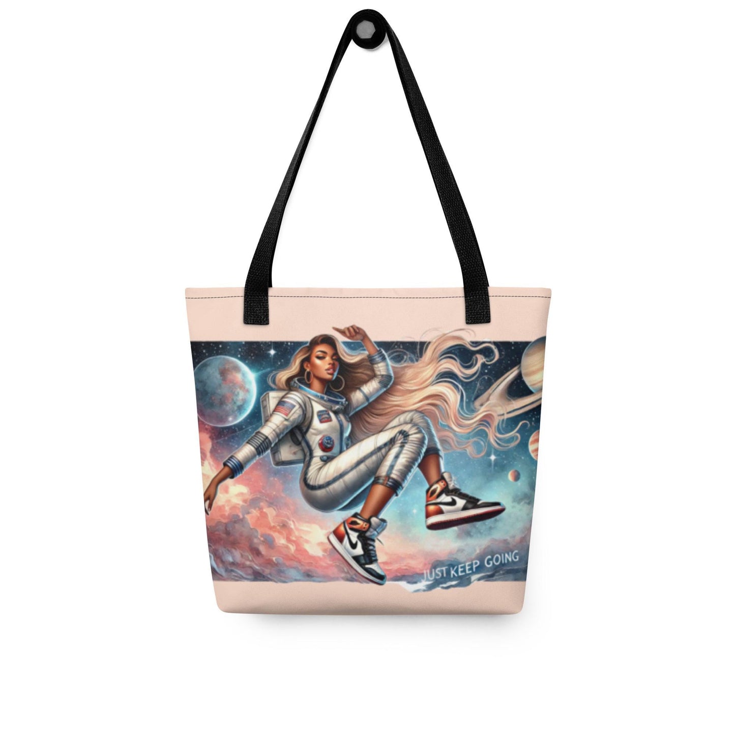 Just Keep Going Cosmic Tote bag | Black Girl in Space Durable Tote Gift for Her | Cosmic Lover Gift | Afro American Astronauts Design Tote |