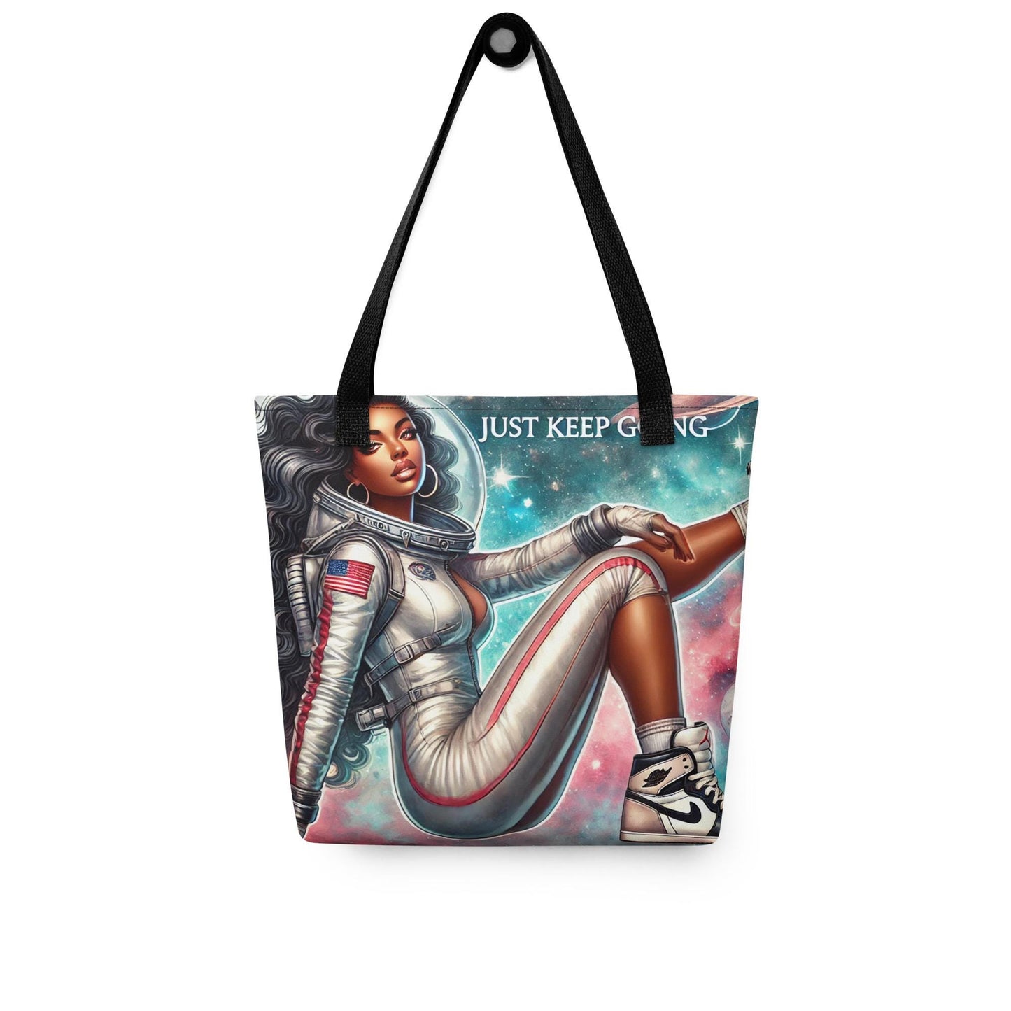 Just Keep Going Tote bag with Queen with Black Hair | Black Girl in Space Durable Tote | Cosmic Lover Gift | Afro American Astronaut Woman