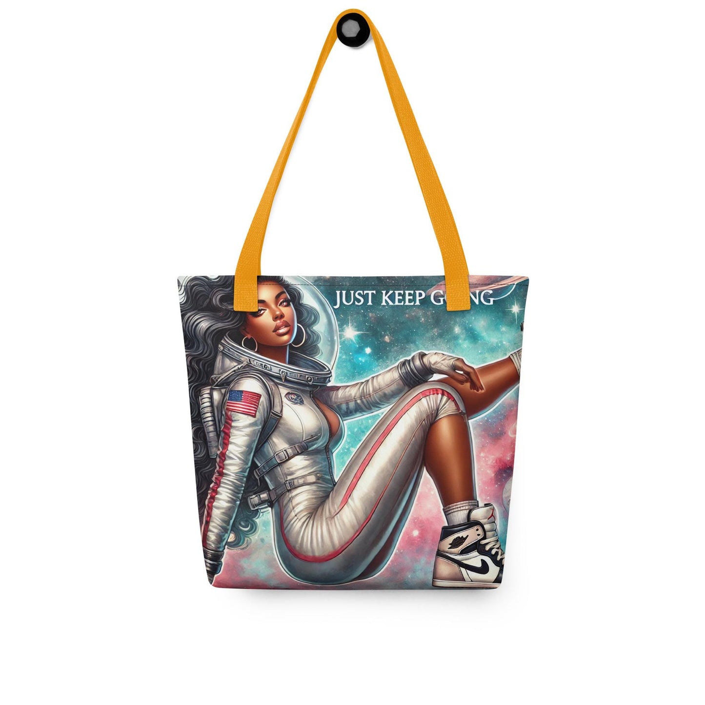 Just Keep Going Tote bag with Queen with Black Hair | Black Girl in Space Durable Tote | Cosmic Lover Gift | Afro American Astronaut Woman