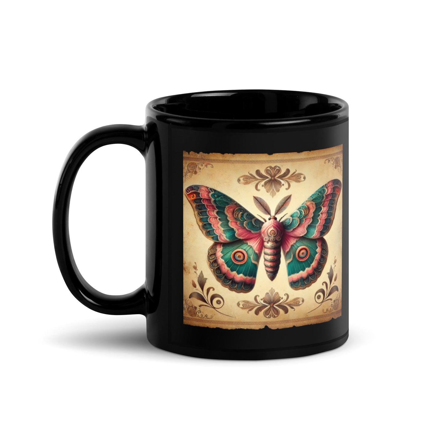 Beautiful Vintage Moth Design on a Black Glossy Mug | Gift for Moth Lover| Unique Moth Design Coffee or Tea Mug Gift HANDWASH ONLY