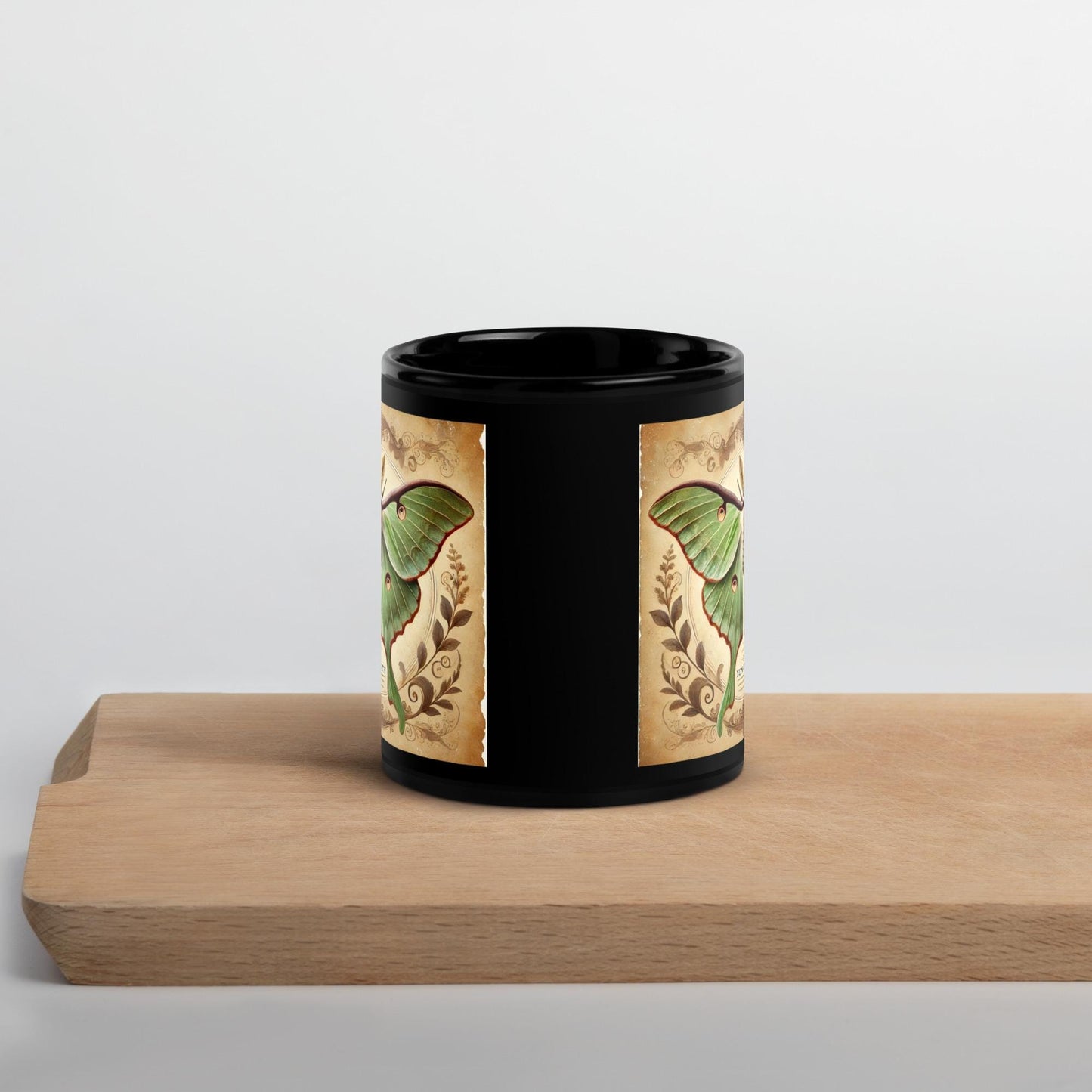 Luna Moth Vintage Design on Black Glossy Mug | Gift for Moth Lover| Unique Moth Design on a Coffee or Tea Mug Gift HANDWASH ONLY
