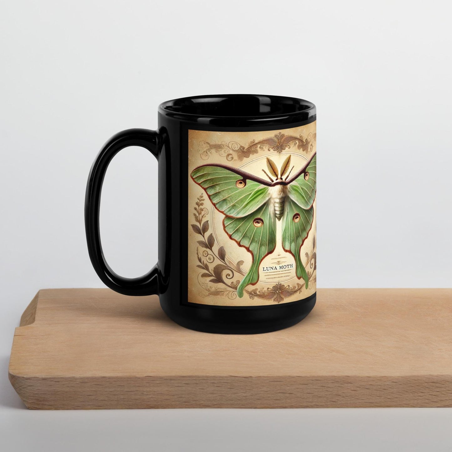 Luna Moth Vintage Design on Black Glossy Mug | Gift for Moth Lover| Unique Moth Design on a Coffee or Tea Mug Gift HANDWASH ONLY