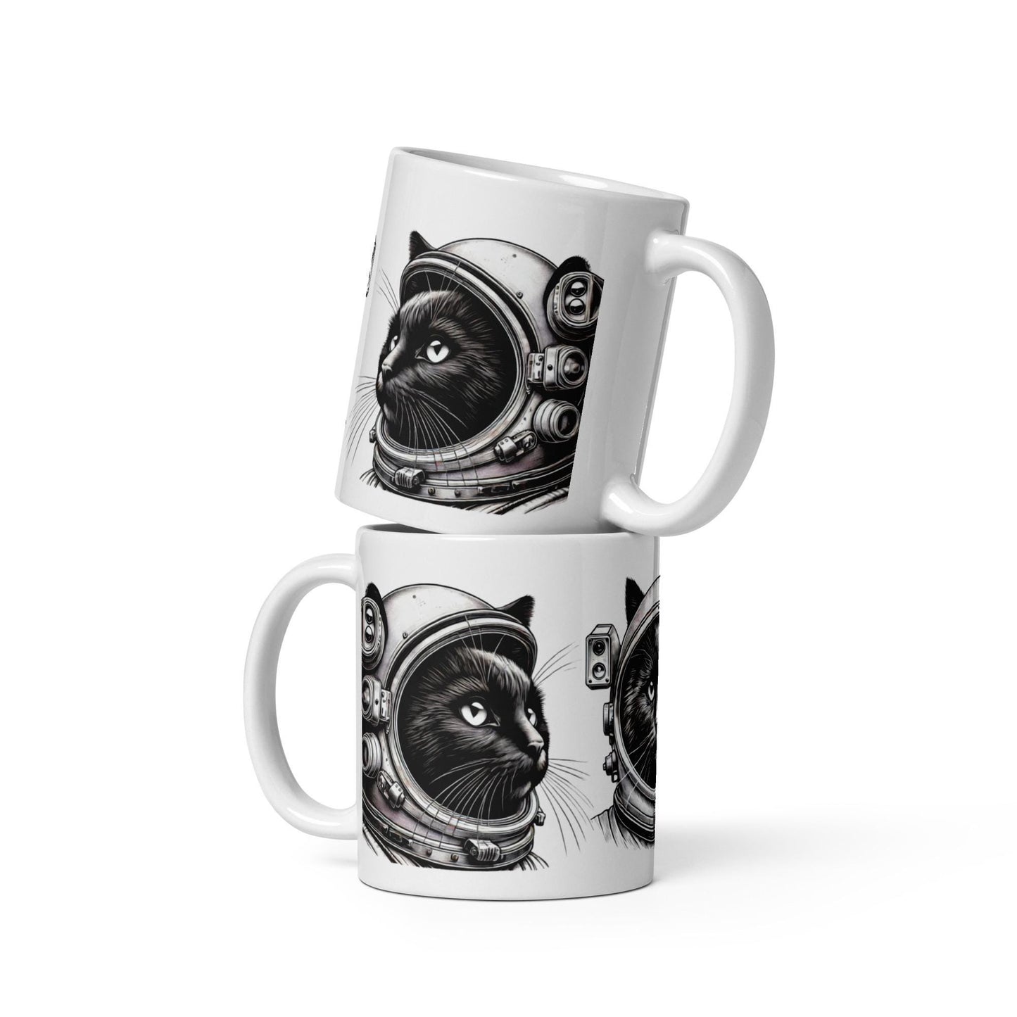 Black Astro Cat on White Glossy Mug | Space Age Cat Mug as a Gift for Her or Him | Astronaut Gift for Cat Lovers or Cat Moms and Dads 11