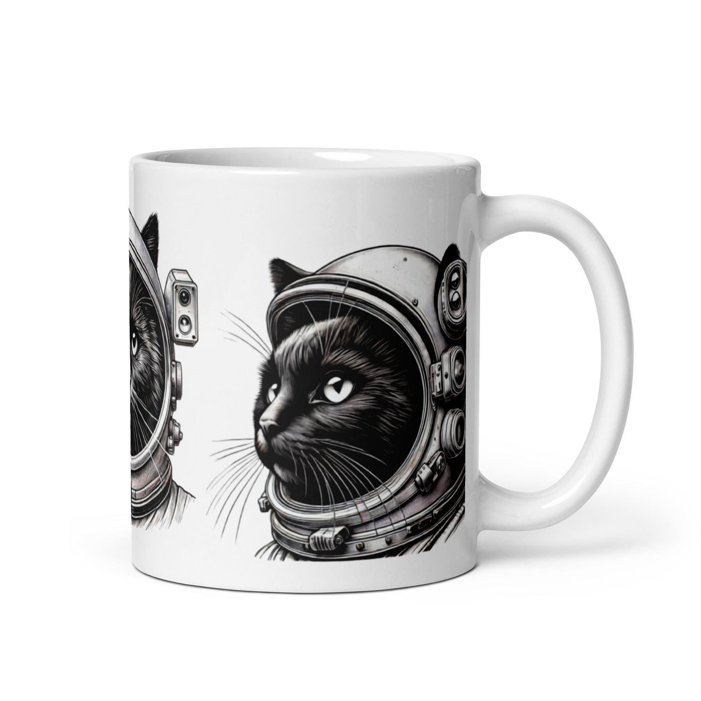 Black Astro Cat on White Glossy Mug | Space Age Cat Mug as a Gift for Her or Him | Astronaut Gift for Cat Lovers or Cat Moms and Dads 11