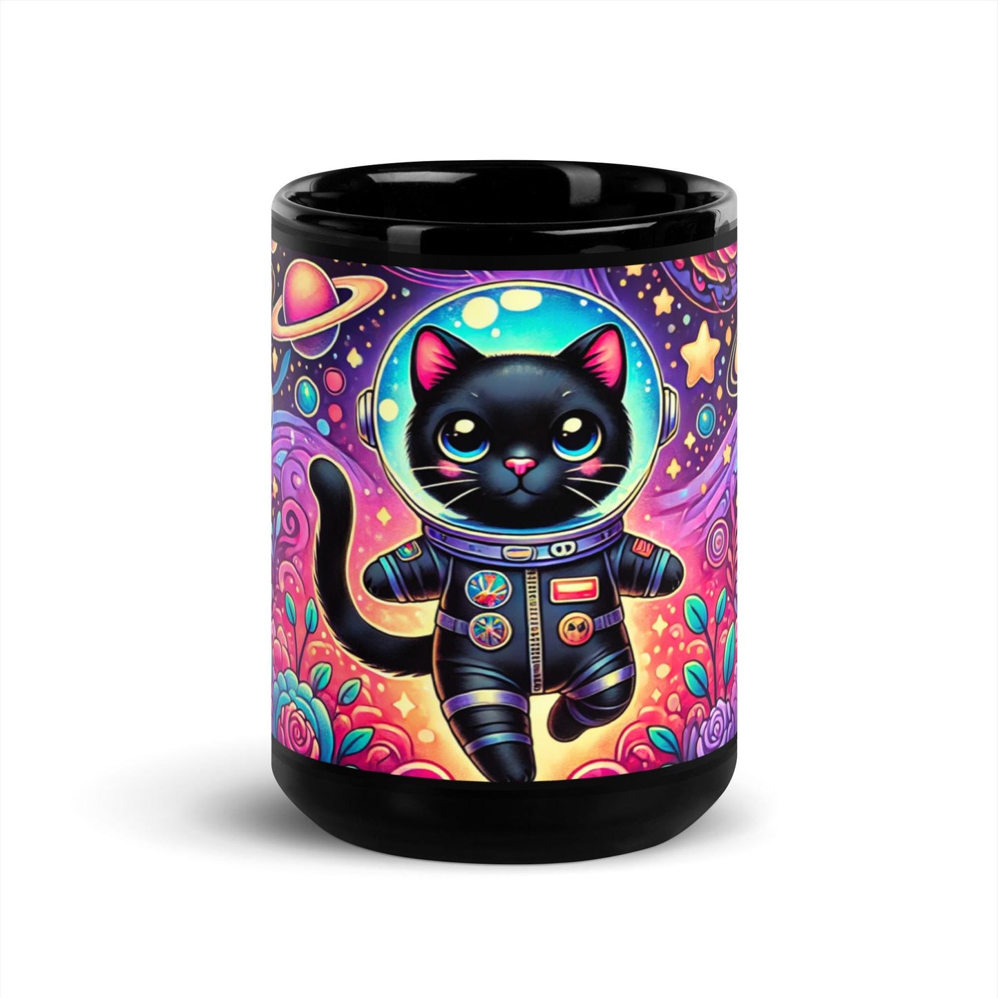 Colorful Cosmic Kitty Black Glossy Mug | Super CUTE Mug with Vibrant colors for Cat Moms or Cat Dads | Black Cat Lover Gift | HANDWASH ONLY