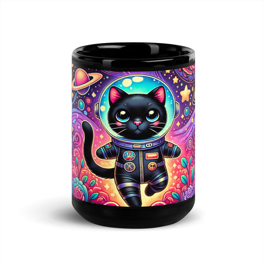 Colorful Cosmic Kitty Black Glossy Mug | Super CUTE Mug with Vibrant colors for Cat Moms or Cat Dads | Black Cat Lover Gift | HANDWASH ONLY