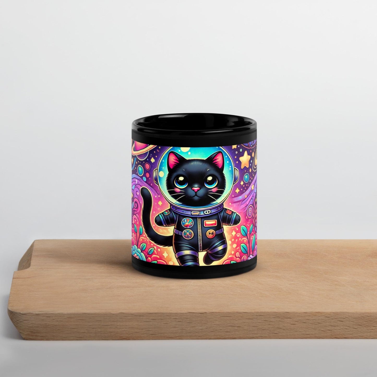 Colorful Cosmic Kitty Black Glossy Mug | Super CUTE Mug with Vibrant colors for Cat Moms or Cat Dads | Black Cat Lover Gift | HANDWASH ONLY