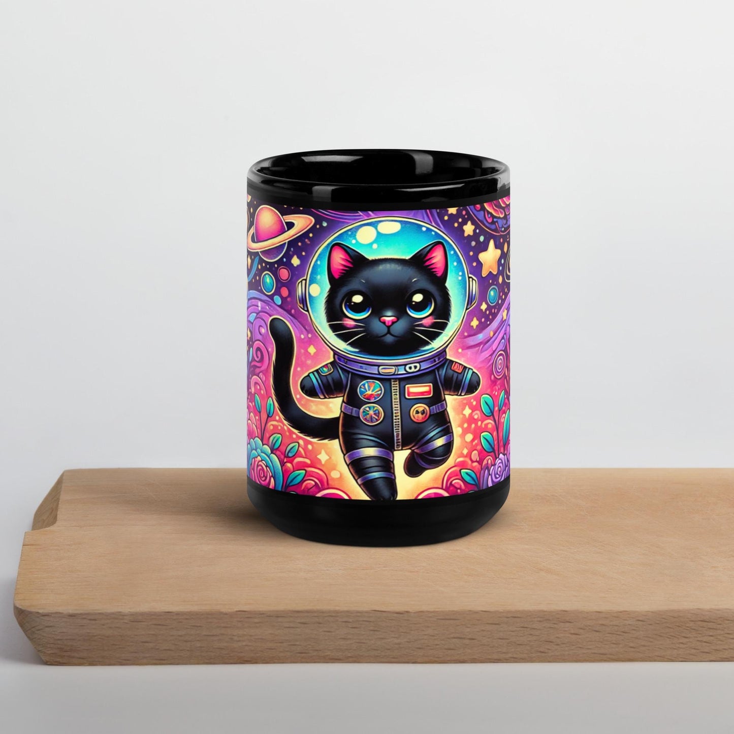 Colorful Cosmic Kitty Black Glossy Mug | Super CUTE Mug with Vibrant colors for Cat Moms or Cat Dads | Black Cat Lover Gift | HANDWASH ONLY
