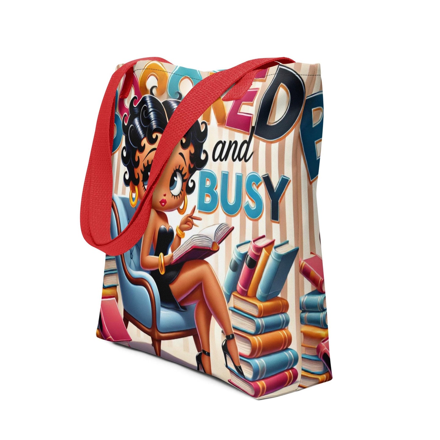 Booked and Busy Black Betty Boop Tote bag Gift for Book Lover |  Durable Tote for Bookworm or Librarian | Black and Brown Girl Reader Gift