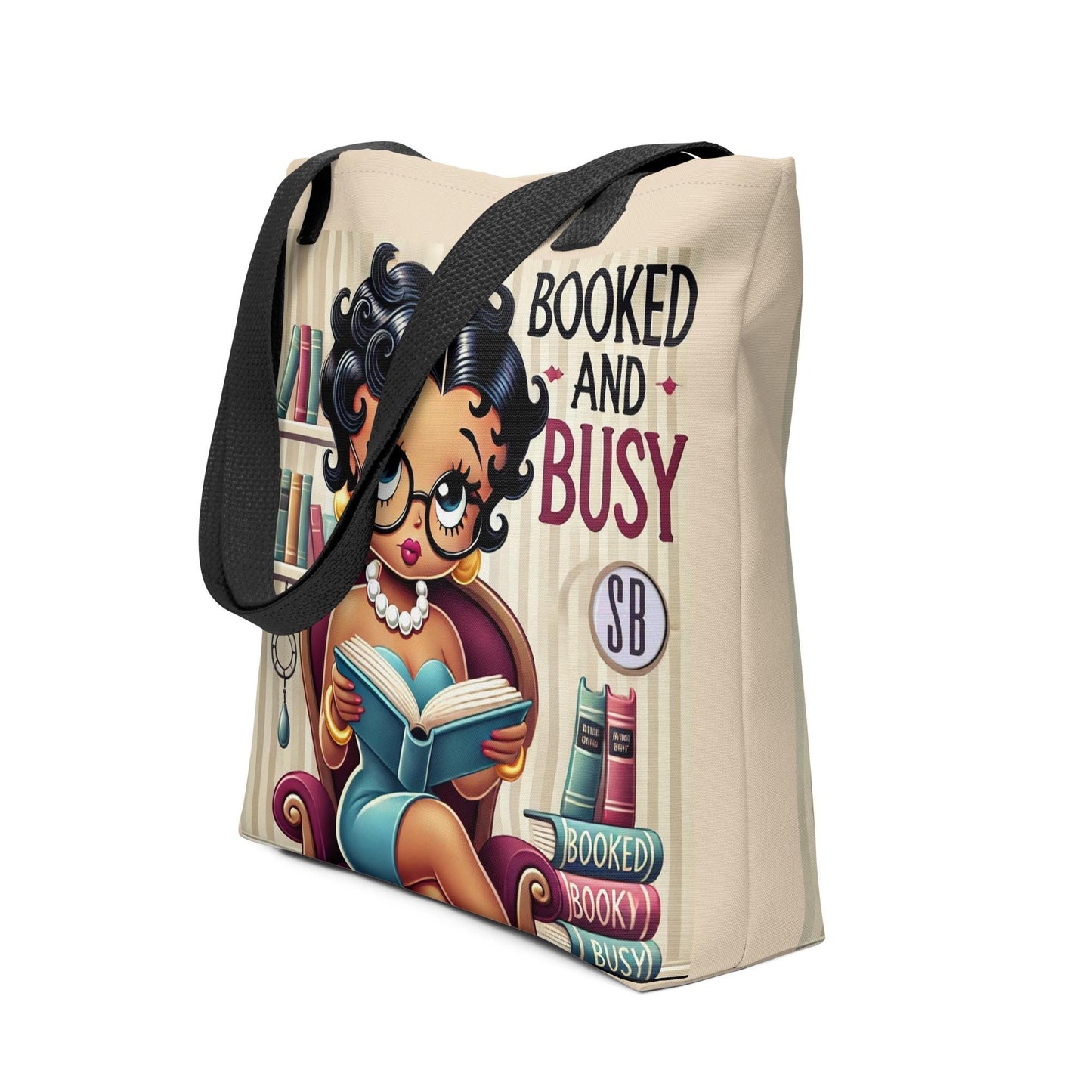 Booked and Busy Black Betty Boop Tote bag Personalized Gift for Book Lover | Bookworm Gift or Librarian Personalized Unique Teacher Tote Bag