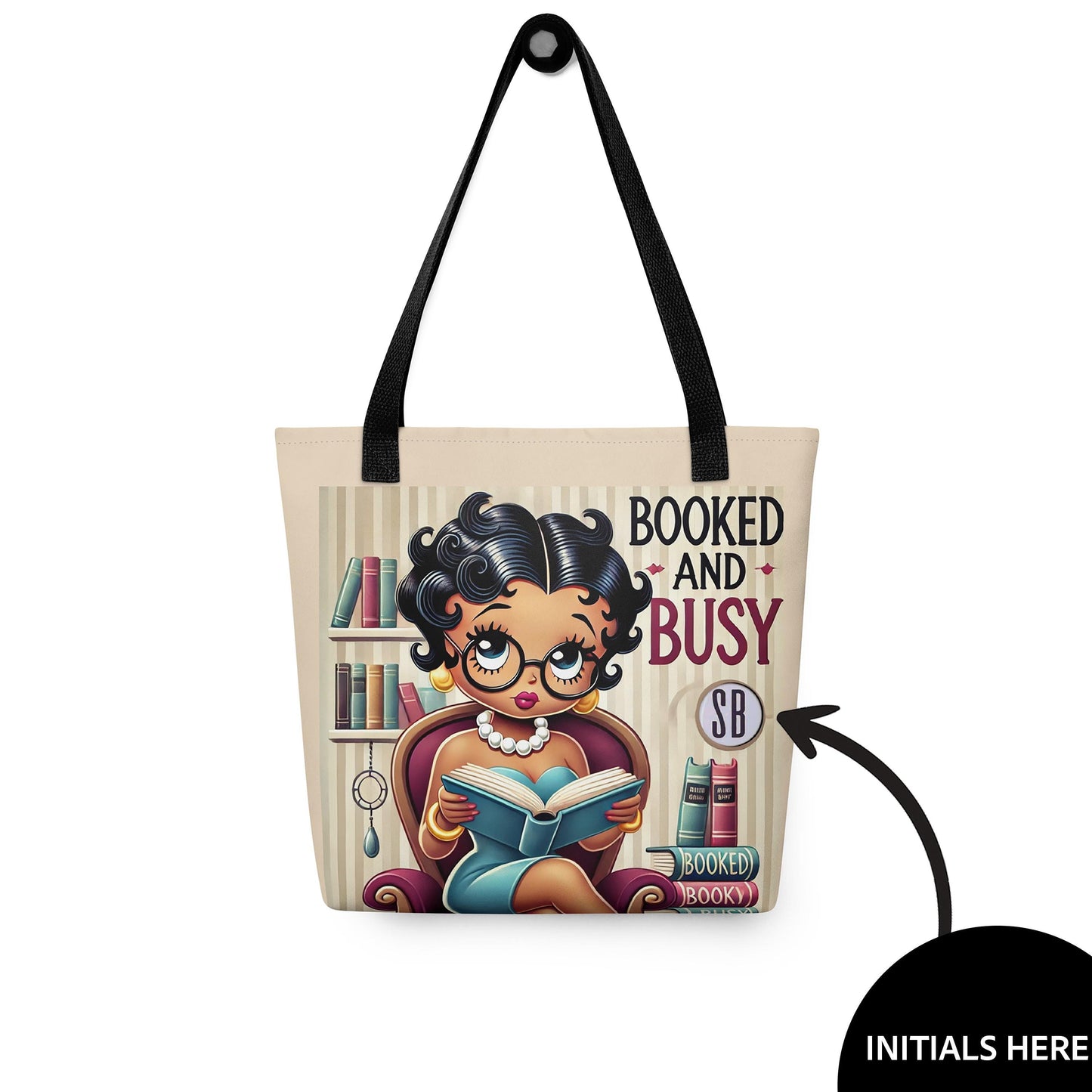 Booked and Busy Black Betty Boop Tote bag Personalized Gift for Book Lover | Bookworm Gift or Librarian Personalized Unique Teacher Tote Bag