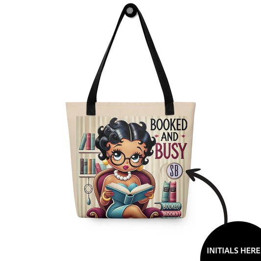 Booked and Busy Black Betty Boop Tote bag Personalized Gift for Book Lover | Bookworm Gift or Librarian Personalized Unique Teacher Tote Bag