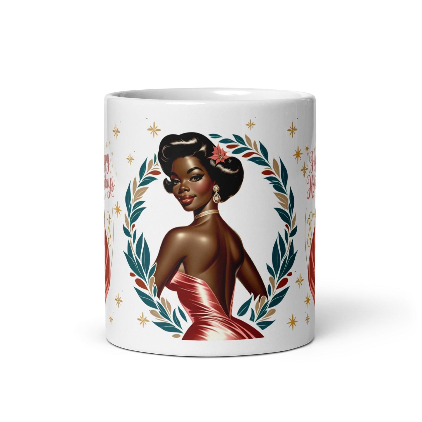 Beautiful Vintage design with African American Lady | Black Art for the Holidays on a White glossy mug | Black Glamour | Retro Christmas Mug