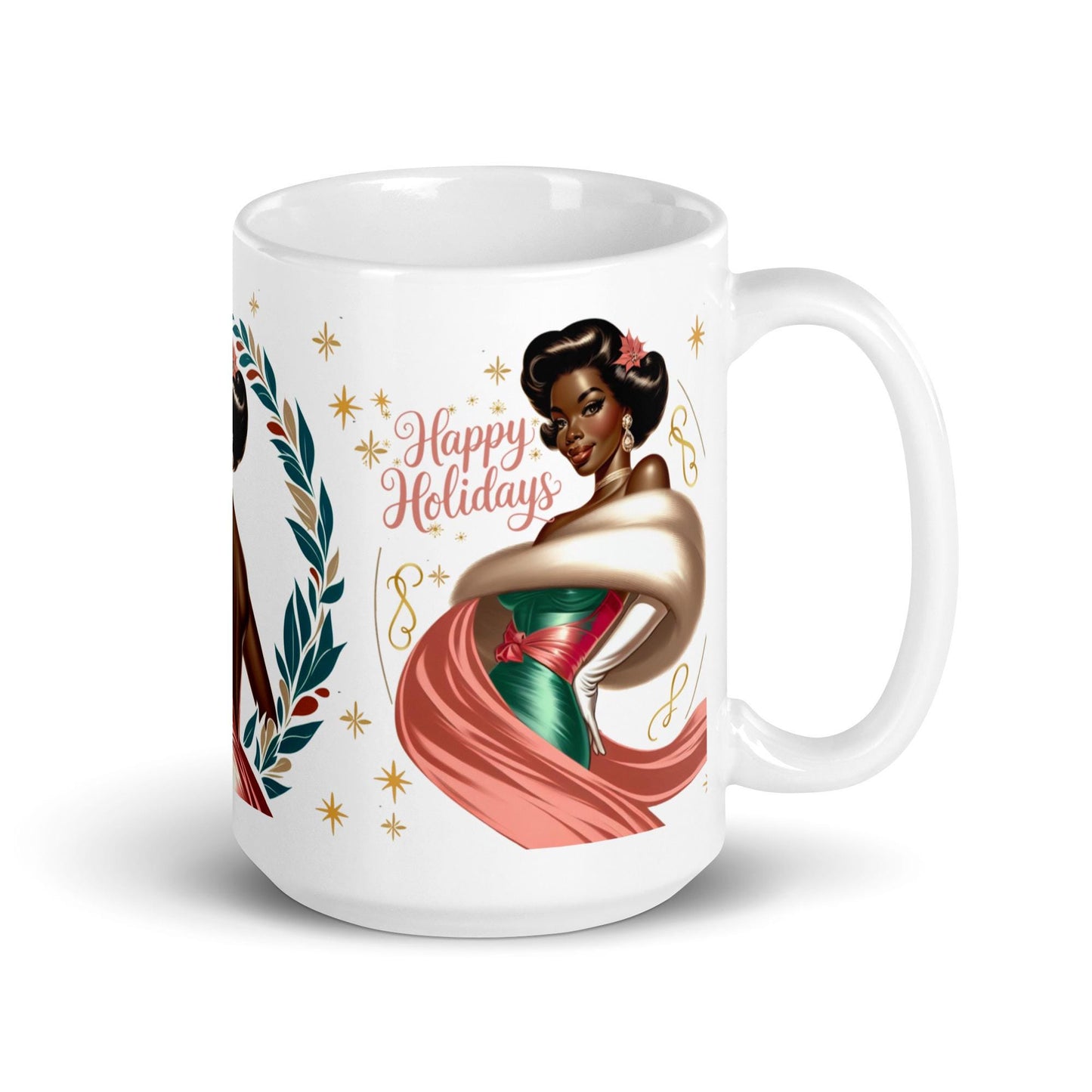 Beautiful Vintage design with African American Lady | Black Art for the Holidays on a White glossy mug | Black Glamour | Retro Christmas Mug