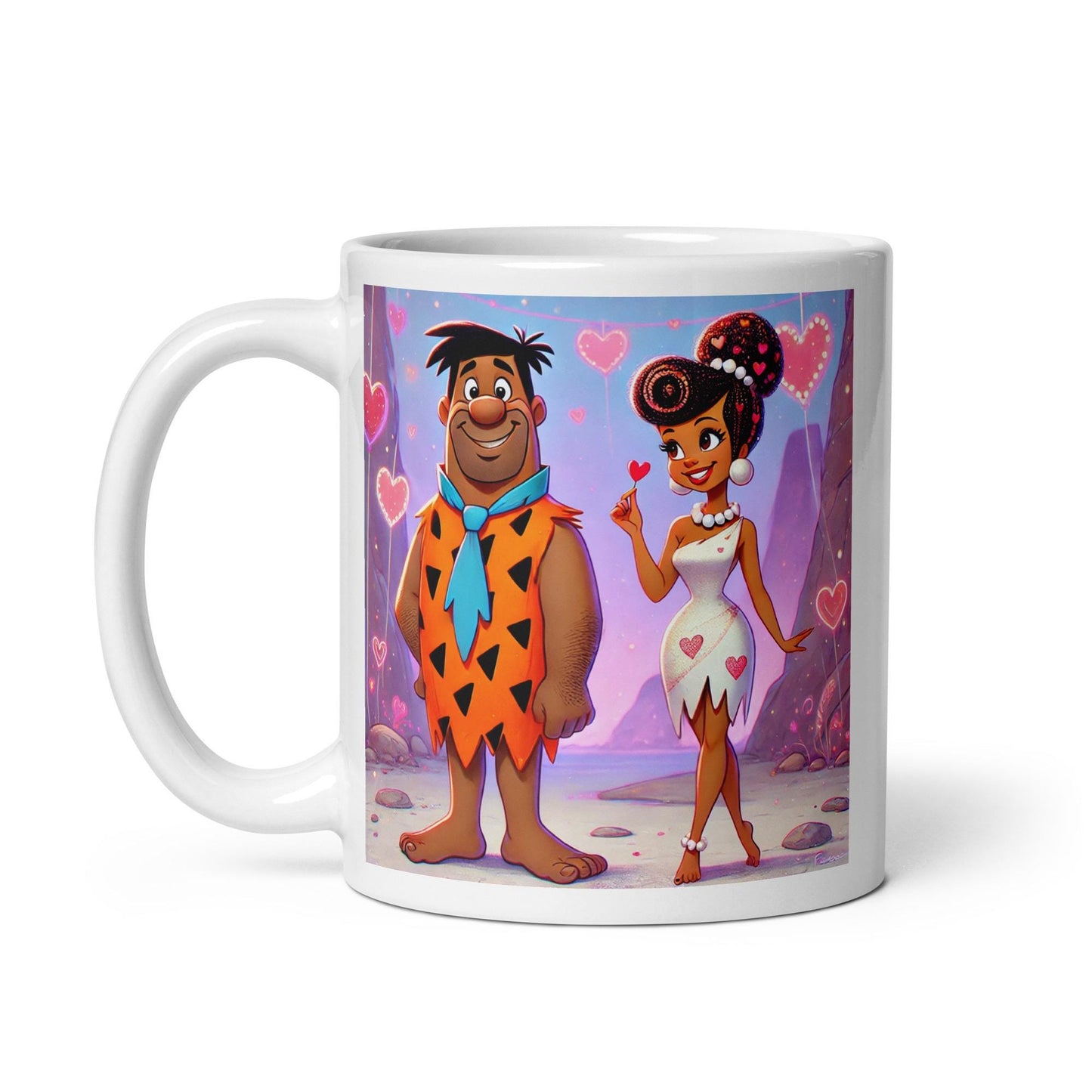 Flintstone Inspired Valentine's Day White glossy mug | Black Couple Valentines Day Gift | African American Anniversary Mug | Black Love Mug