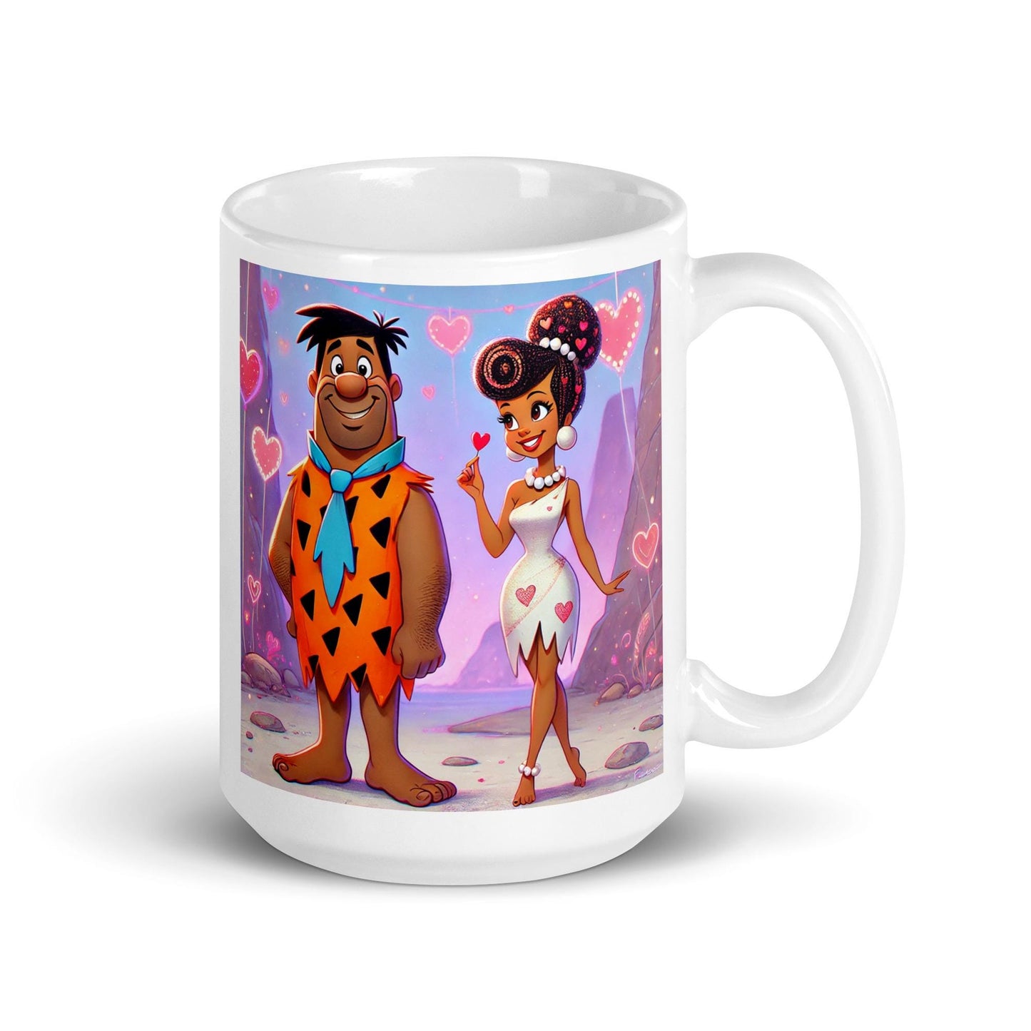 Flintstone Inspired Valentine's Day White glossy mug | Black Couple Valentines Day Gift | African American Anniversary Mug | Black Love Mug