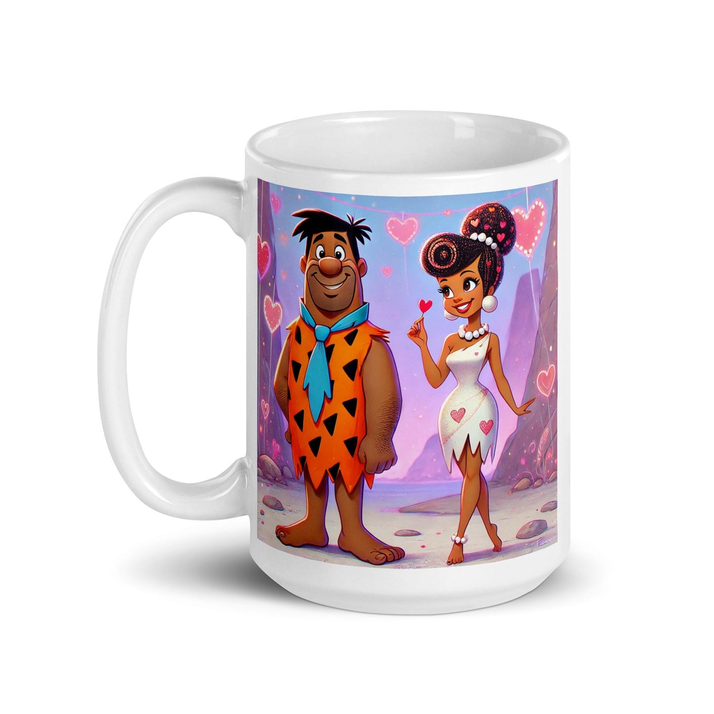 Flintstone Inspired Valentine's Day White glossy mug | Black Couple Valentines Day Gift | African American Anniversary Mug | Black Love Mug