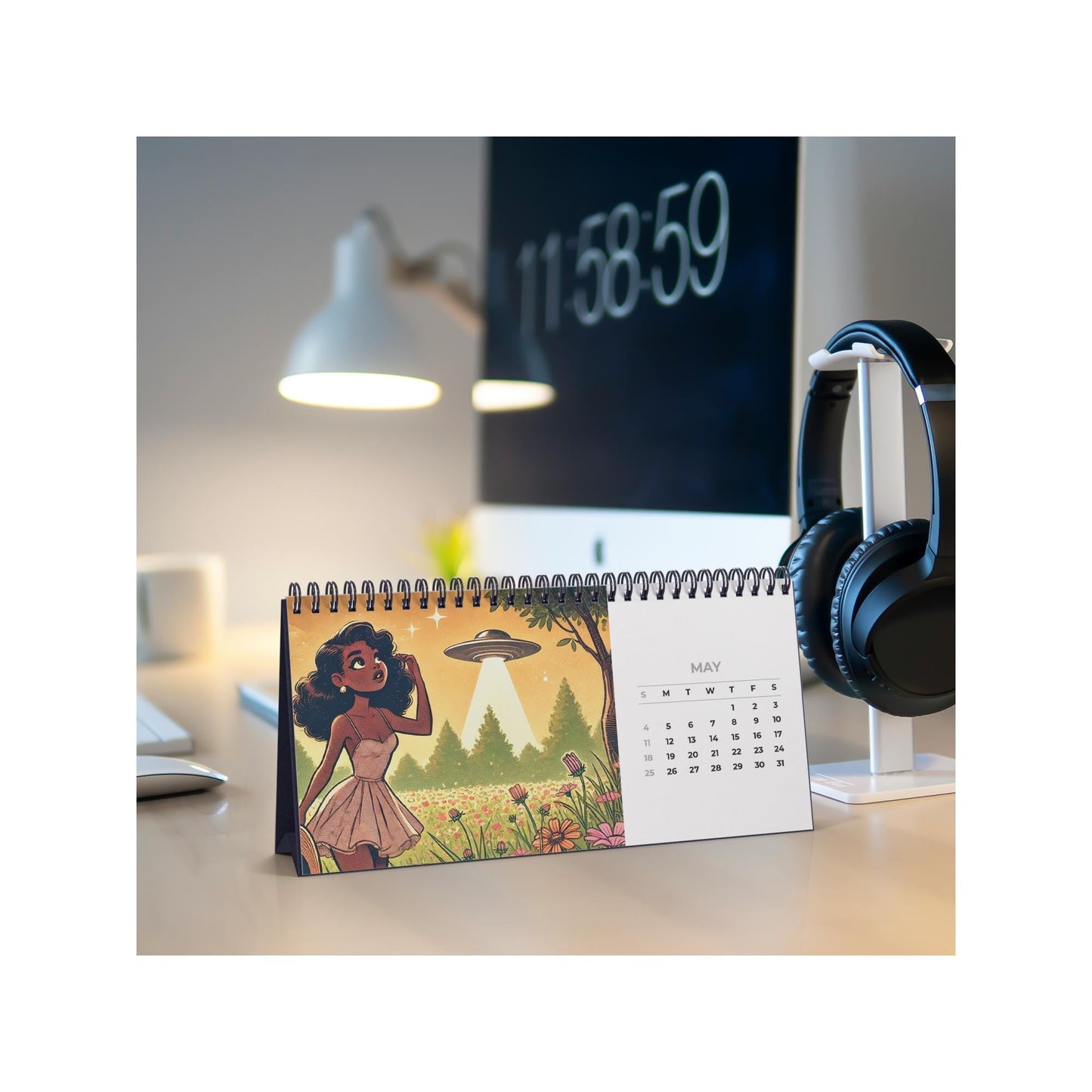 UFO Desktop Calendar (2025) | Vintage Black Women and UFO Scenes | African American SciFi Lover Gift | Black Girl Aesthetic Desktop Calendar