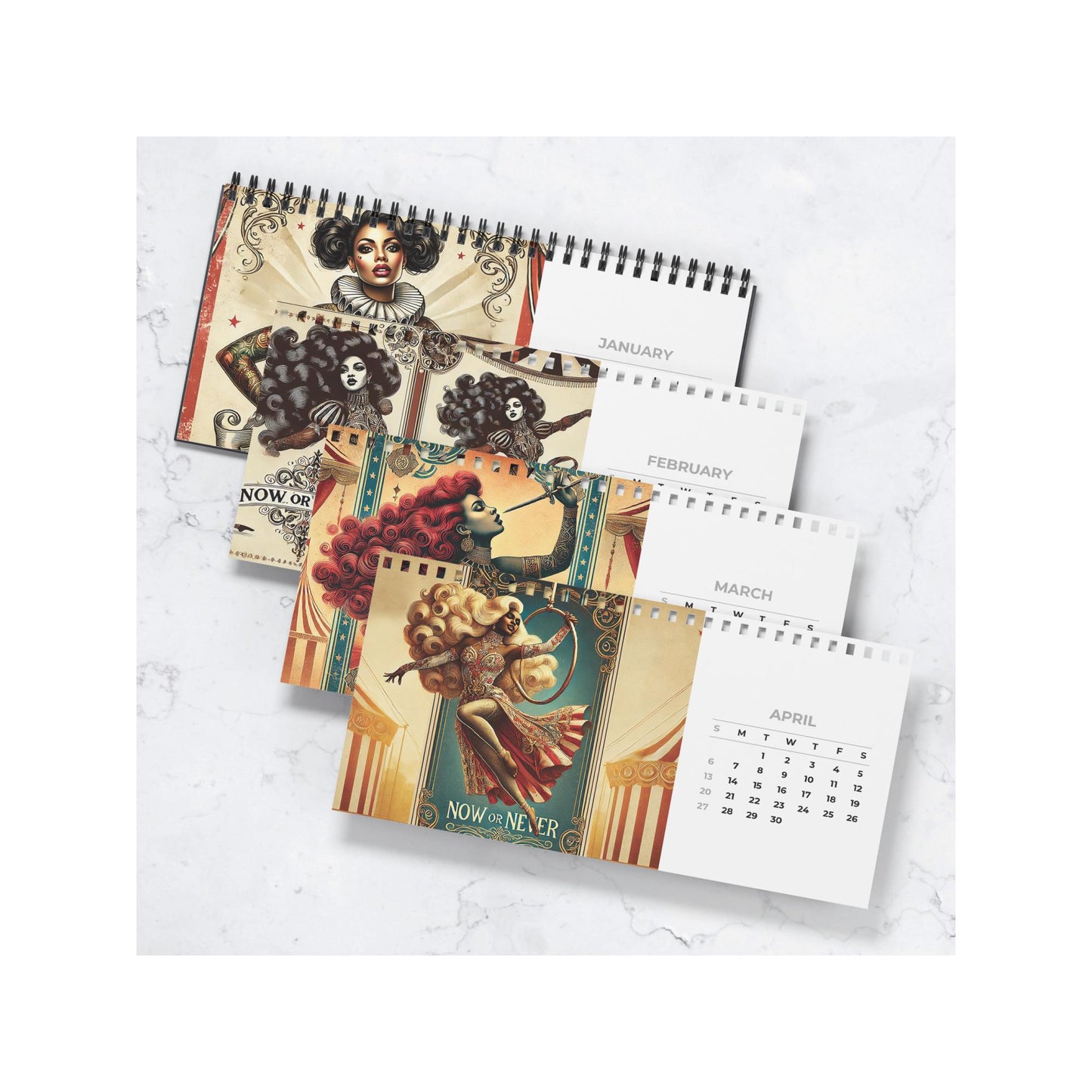 Vintage Circus Exotic Black Women Desktop Calendar (2025) | Retro Circus Desktop Calendar | Aesthetic Calendar Housewarming Gift for Her