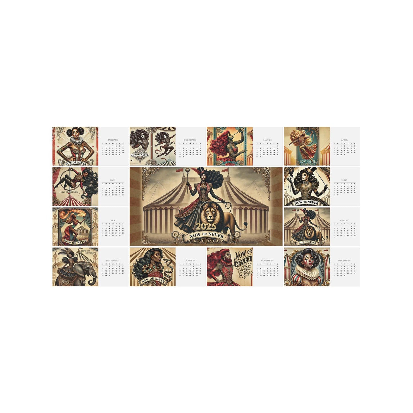 Vintage Circus Exotic Black Women Desktop Calendar (2025) | Retro Circus Desktop Calendar | Aesthetic Calendar Housewarming Gift for Her