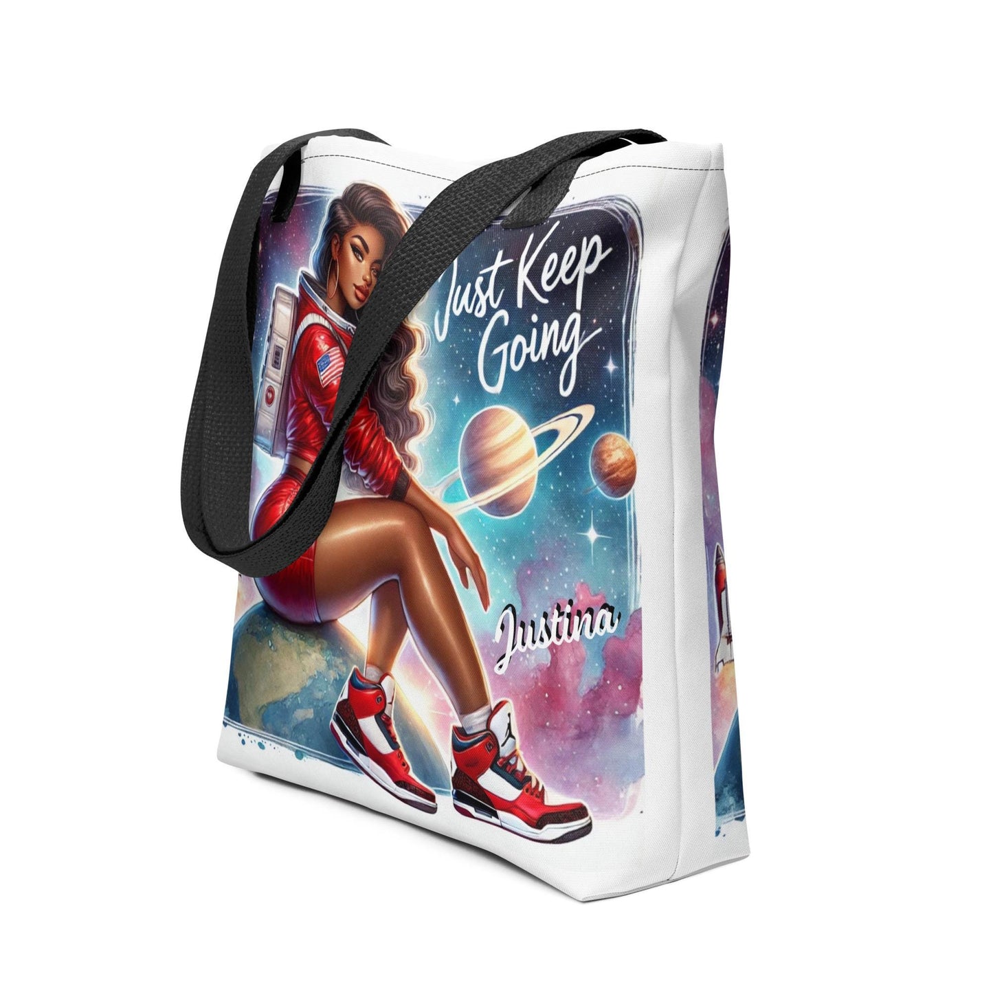 Just Keep Going Personalized Tote| Black Woman Astronaut Bag | Urban Afrofuturistic Aesthetic Tote | African American Woman Astronaut Tote