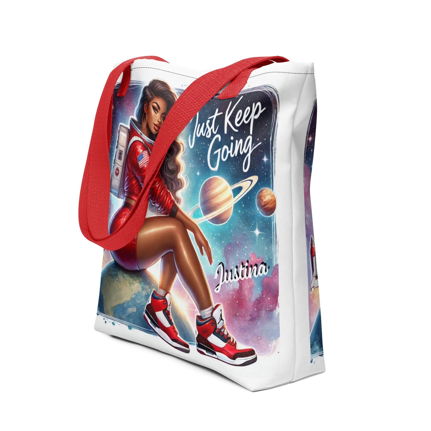 Just Keep Going Personalized Tote| Black Woman Astronaut Bag | Urban Afrofuturistic Aesthetic Tote | African American Woman Astronaut Tote