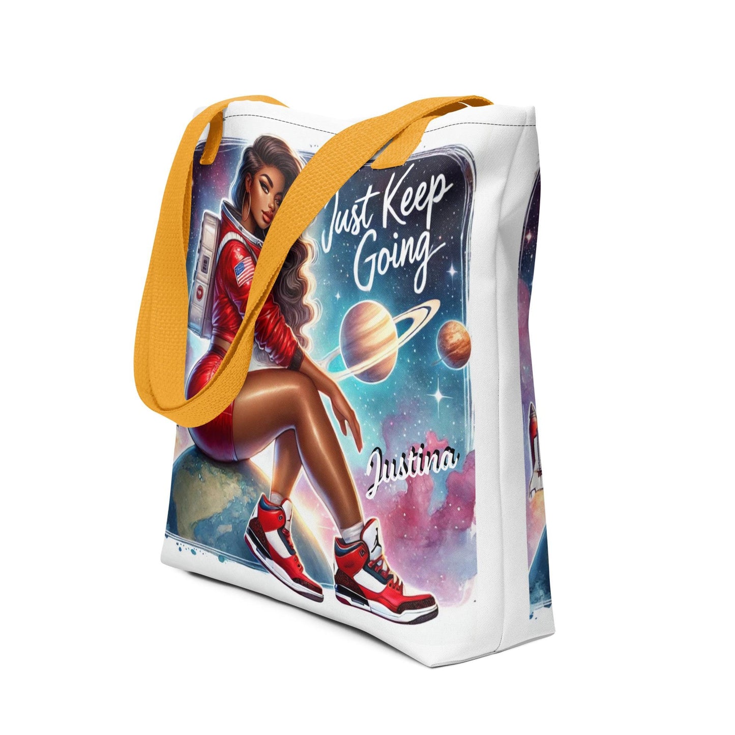 Just Keep Going Personalized Tote| Black Woman Astronaut Bag | Urban Afrofuturistic Aesthetic Tote | African American Woman Astronaut Tote