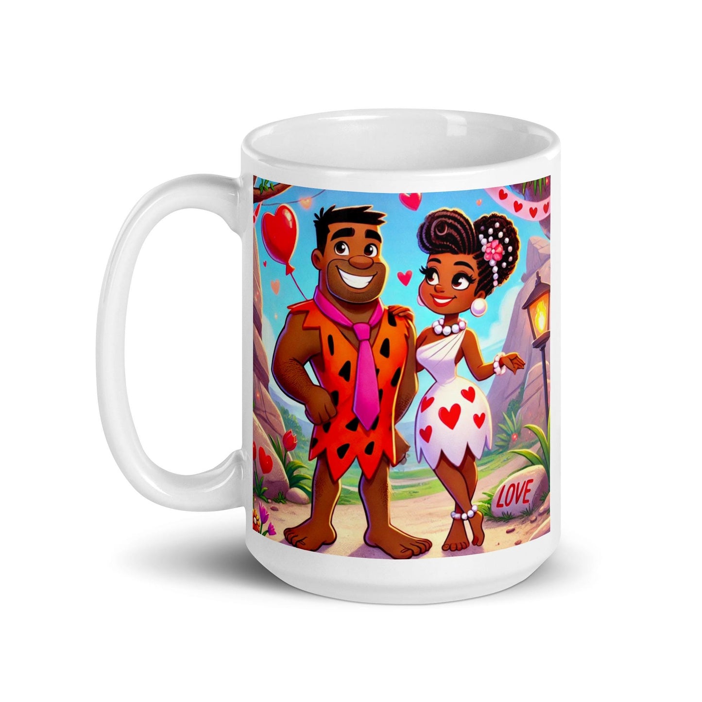 Flintstone Inspired Couples White glossy mug | Melanin Anniversary Gift | Black Love Mug | Birthday Gift Mug |