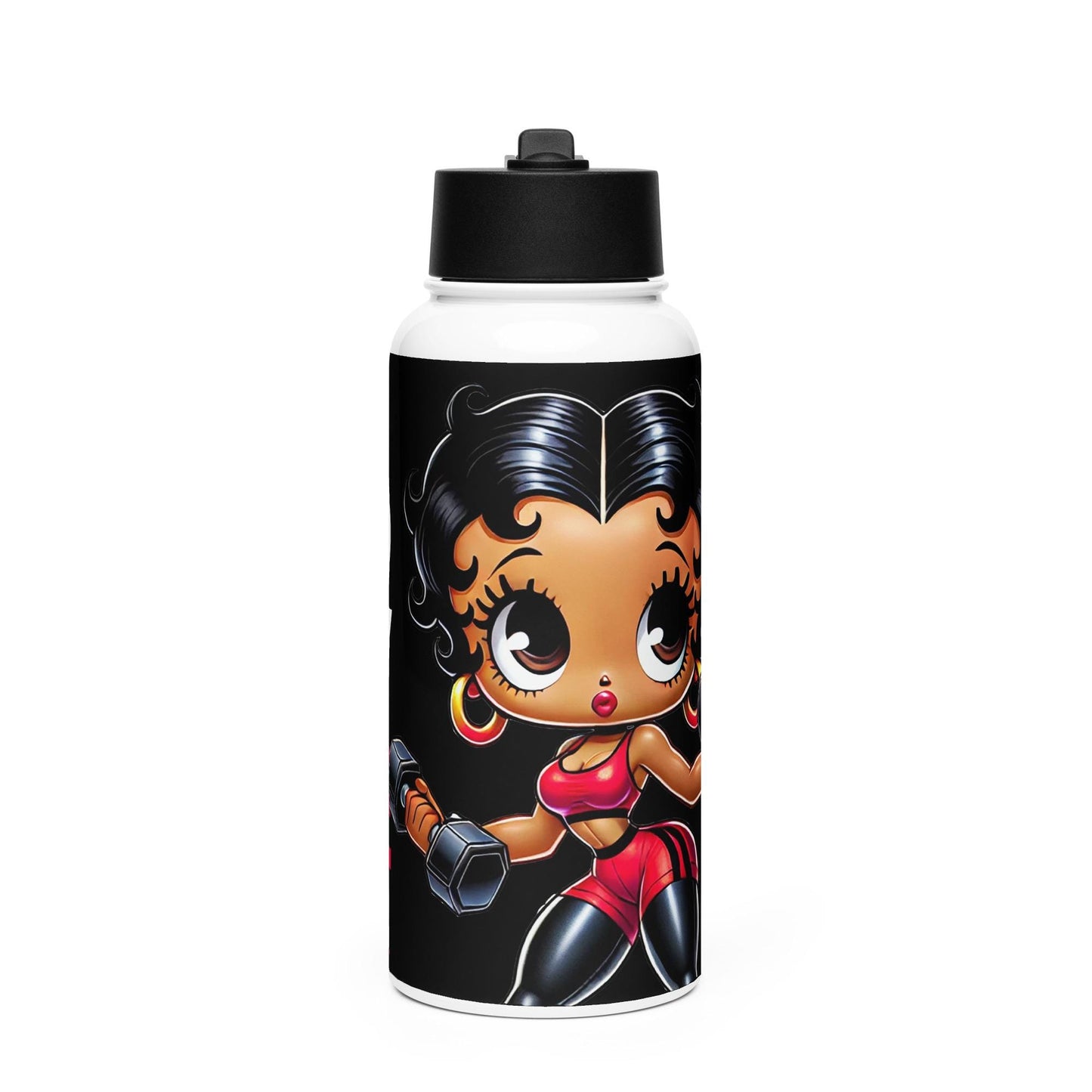 Black Boop Body Builder Character Stainless Steel Water Bottle with Straw Lid | Cute Personalized Gym Gift 2025 goals | HANDWASH ONLY