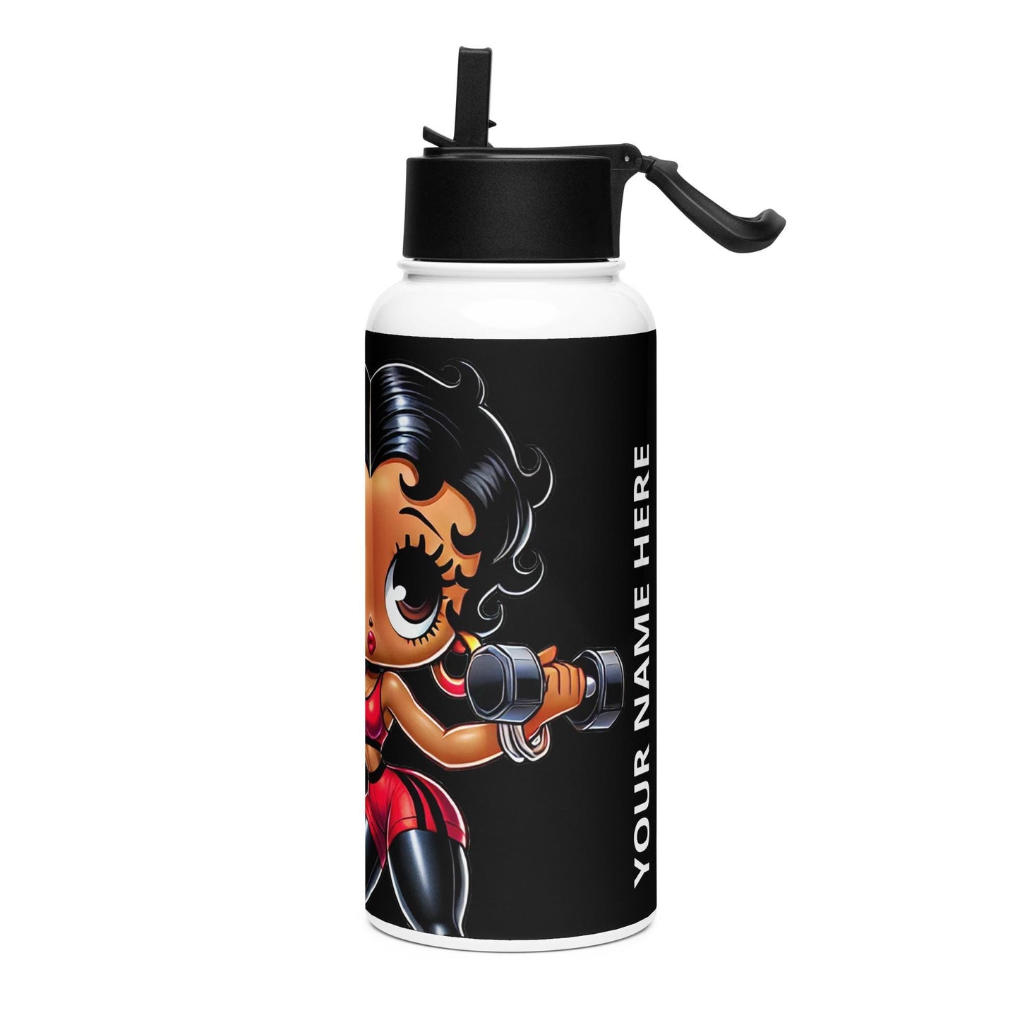 Black Boop Body Builder Character Stainless Steel Water Bottle with Straw Lid | Cute Personalized Gym Gift 2025 goals | HANDWASH ONLY