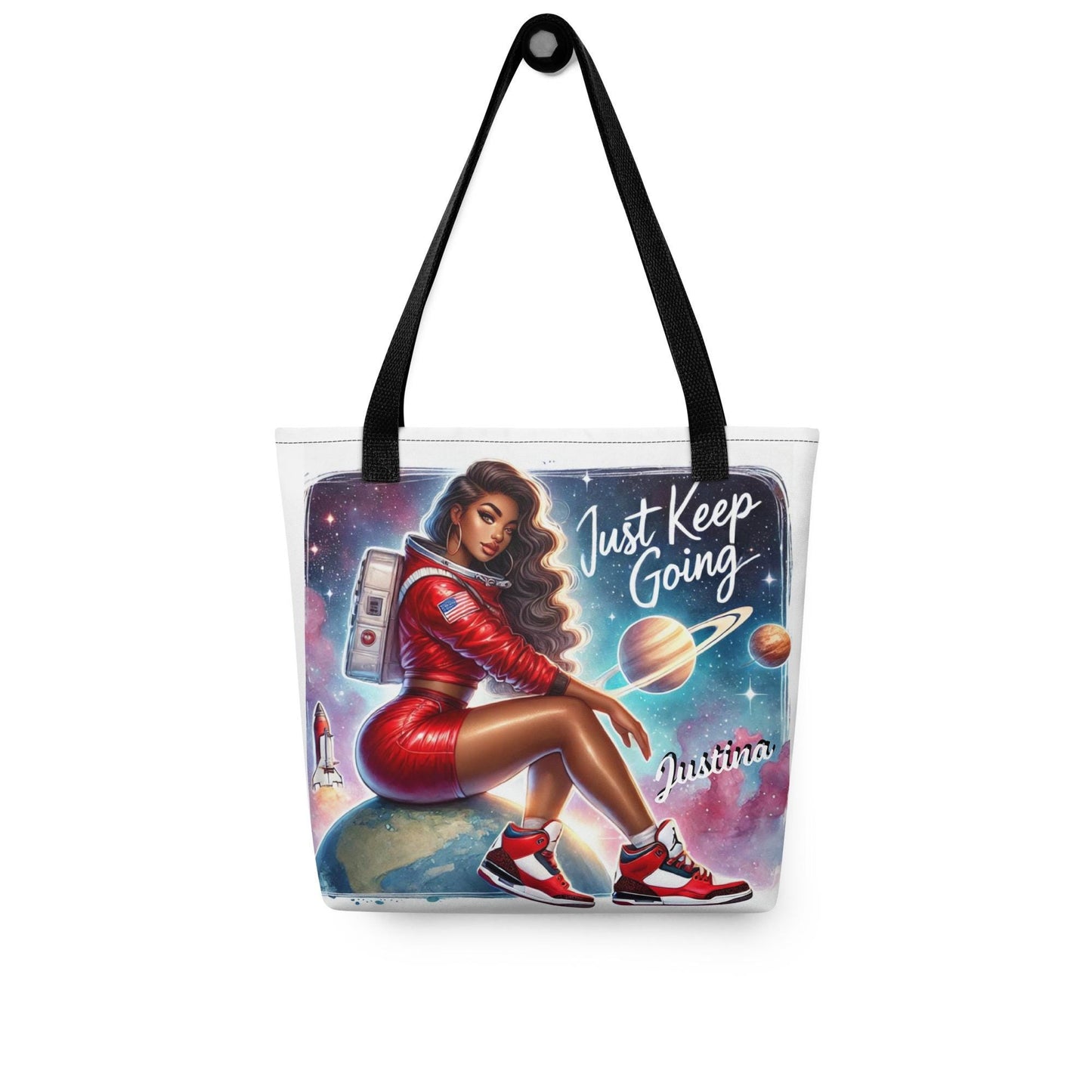 Just Keep Going Personalized Tote| Black Woman Astronaut Bag | Urban Afrofuturistic Aesthetic Tote | African American Woman Astronaut Tote