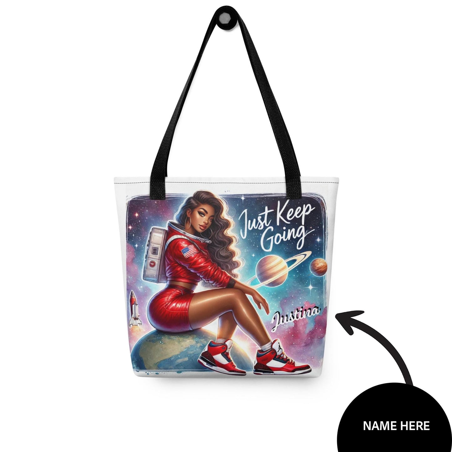 Just Keep Going Personalized Tote| Black Woman Astronaut Bag | Urban Afrofuturistic Aesthetic Tote | African American Woman Astronaut Tote
