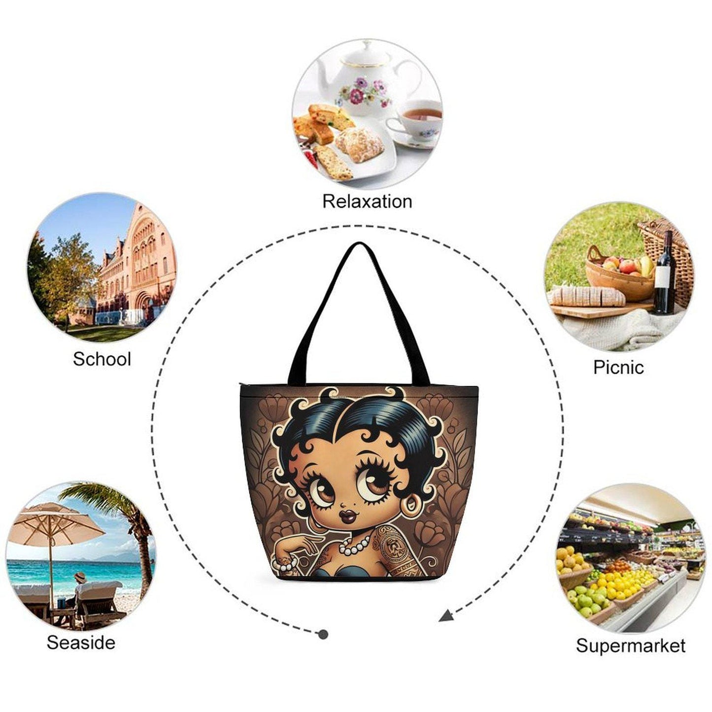 Vintage Earth Tone Black Betty Boop Like Character Tote Bag | Black Betty Boop Bag | Black Betty Boop Gift | Black Betty Boop Trending Bag