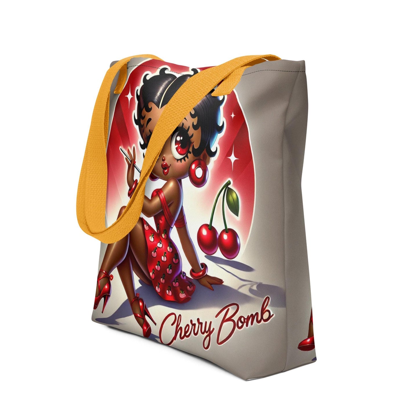 Black Betty Boop Inspired Cherry Bomb Pin-Up Tote Bag | Retro Black Betty Boop Style with Cherries Heels & Attitude | Afrocentric Girl Bag