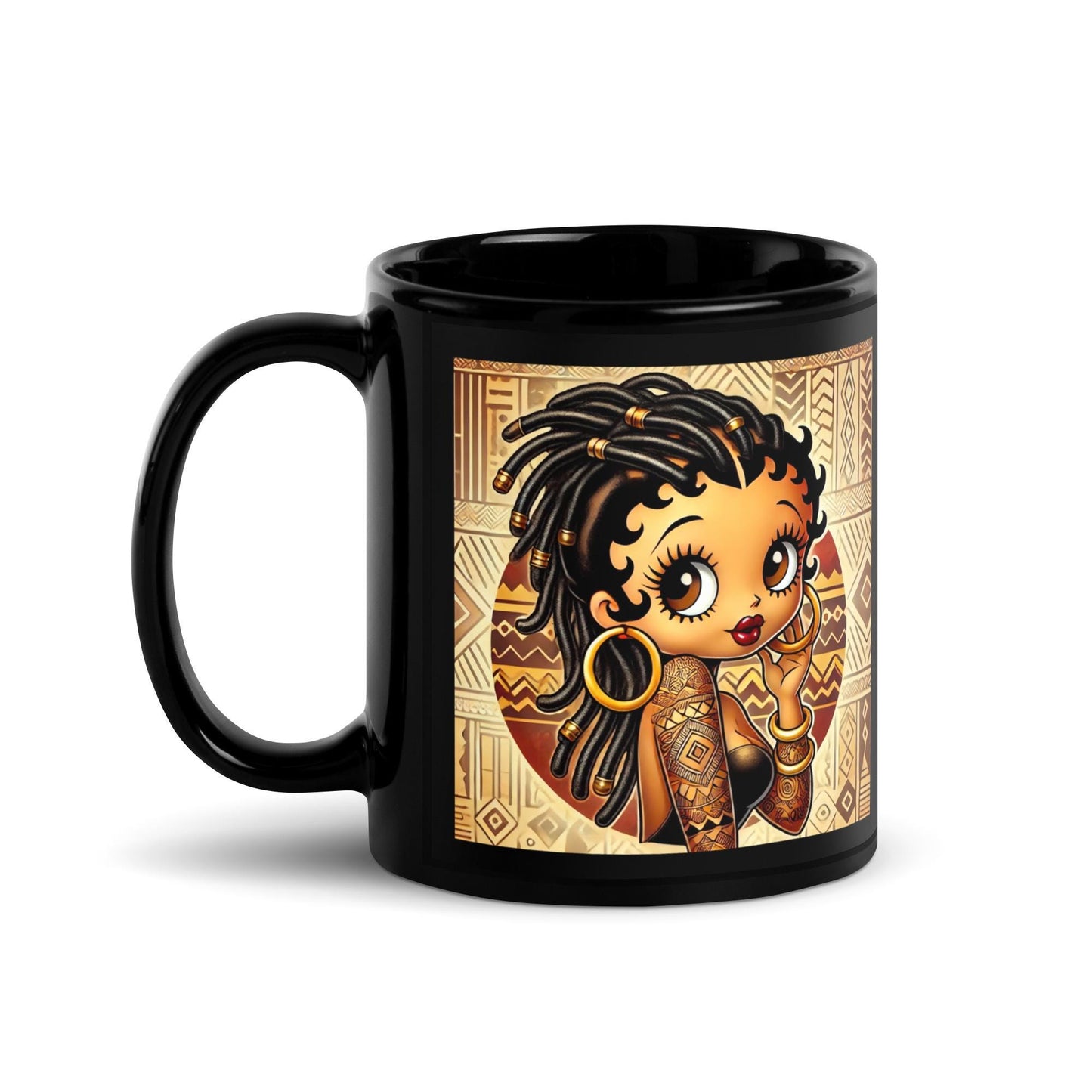 Cute African American Black Boop Like Character with Locs on Black Glossy Mug | Unique Boop Mug Gift with African Motif  HANDWASH ONLY