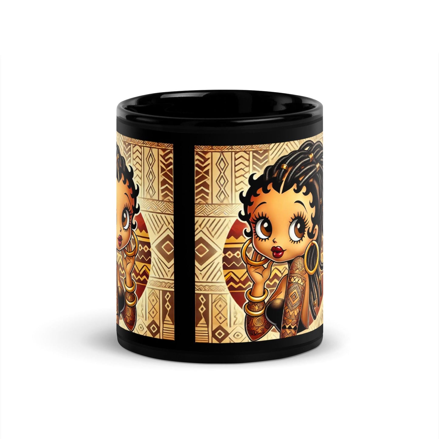 Cute African American Black Boop Like Character with Locs on Black Glossy Mug | Unique Boop Mug Gift with African Motif  HANDWASH ONLY