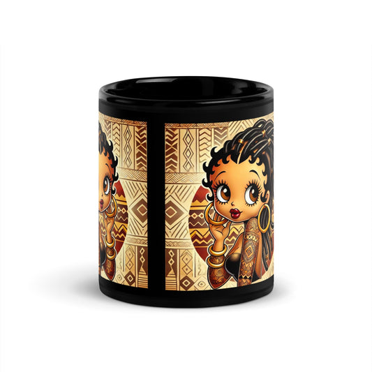 Cute African American Black Boop Like Character with Locs on Black Glossy Mug | Unique Boop Mug Gift with African Motif  HANDWASH ONLY
