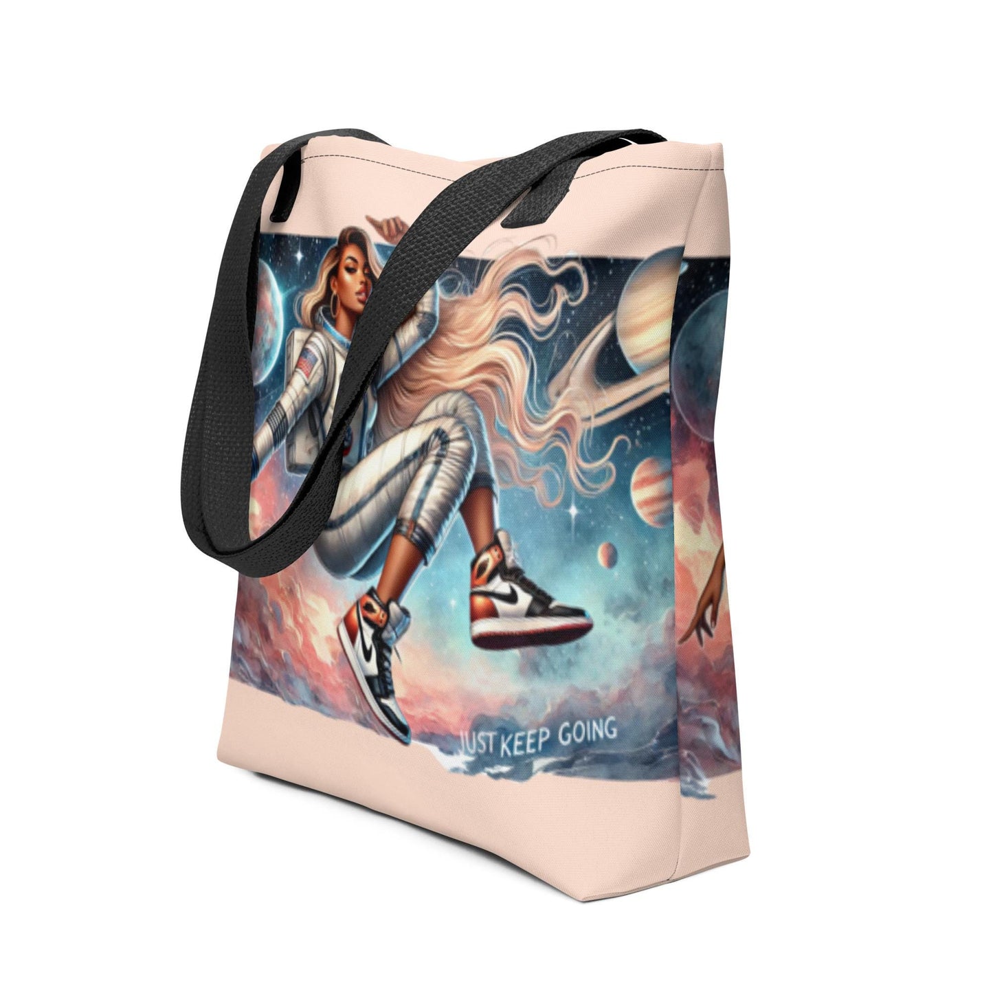 Just Keep Going Cosmic Tote bag | Black Girl in Space Durable Tote Gift for Her | Cosmic Lover Gift | Afro American Astronauts Design Tote |