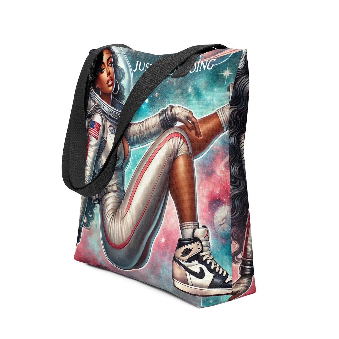 Just Keep Going Tote bag with Queen with Black Hair | Black Girl in Space Durable Tote | Cosmic Lover Gift | Afro American Astronaut Woman