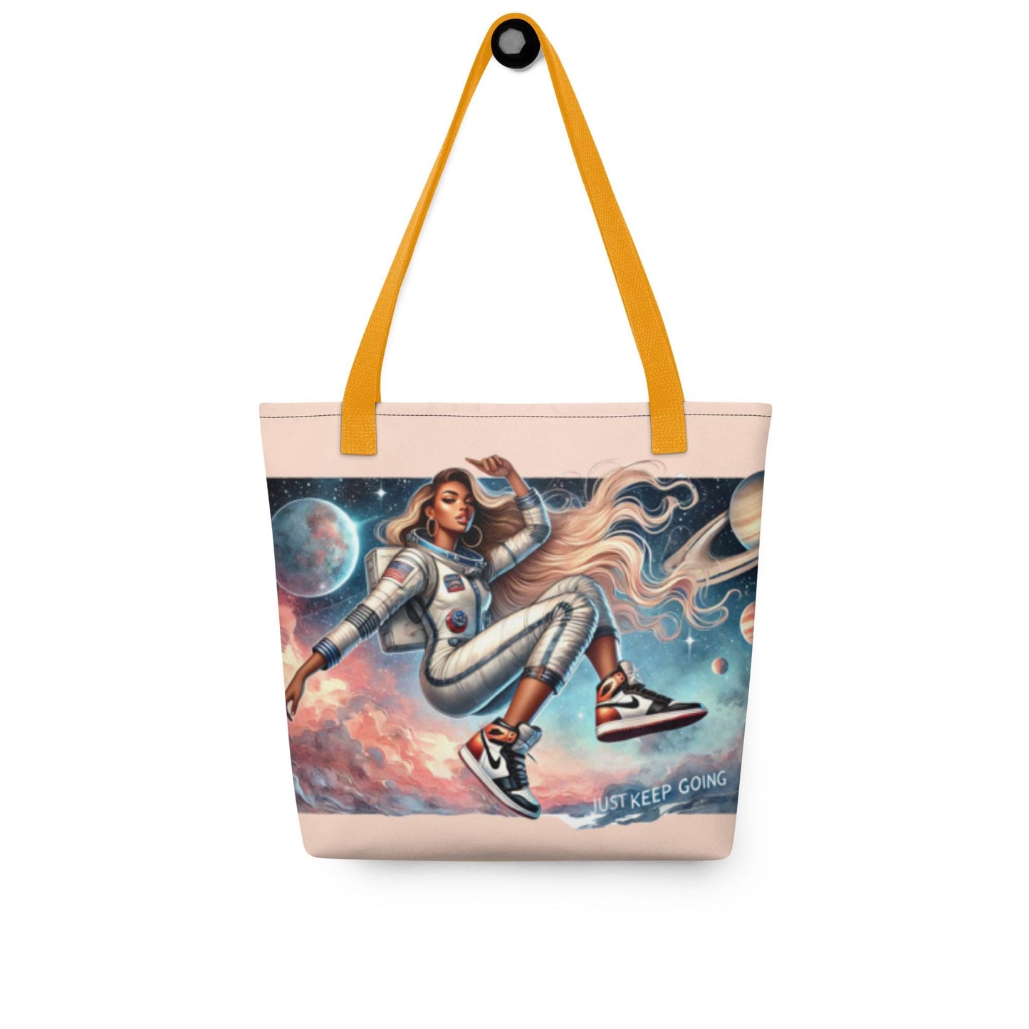 Just Keep Going Cosmic Tote bag | Black Girl in Space Durable Tote Gift for Her | Cosmic Lover Gift | Afro American Astronauts Design Tote |