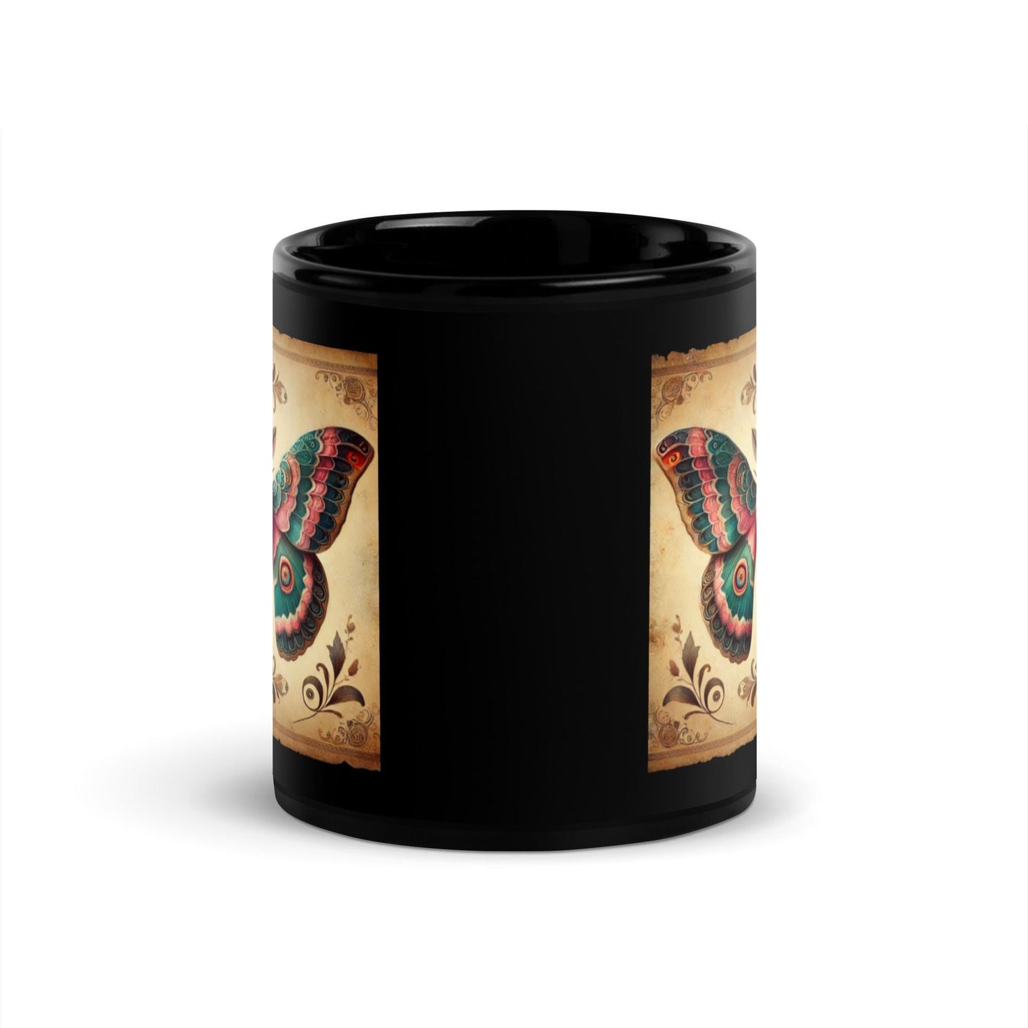 Beautiful Vintage Moth Design on a Black Glossy Mug | Gift for Moth Lover| Unique Moth Design Coffee or Tea Mug Gift HANDWASH ONLY
