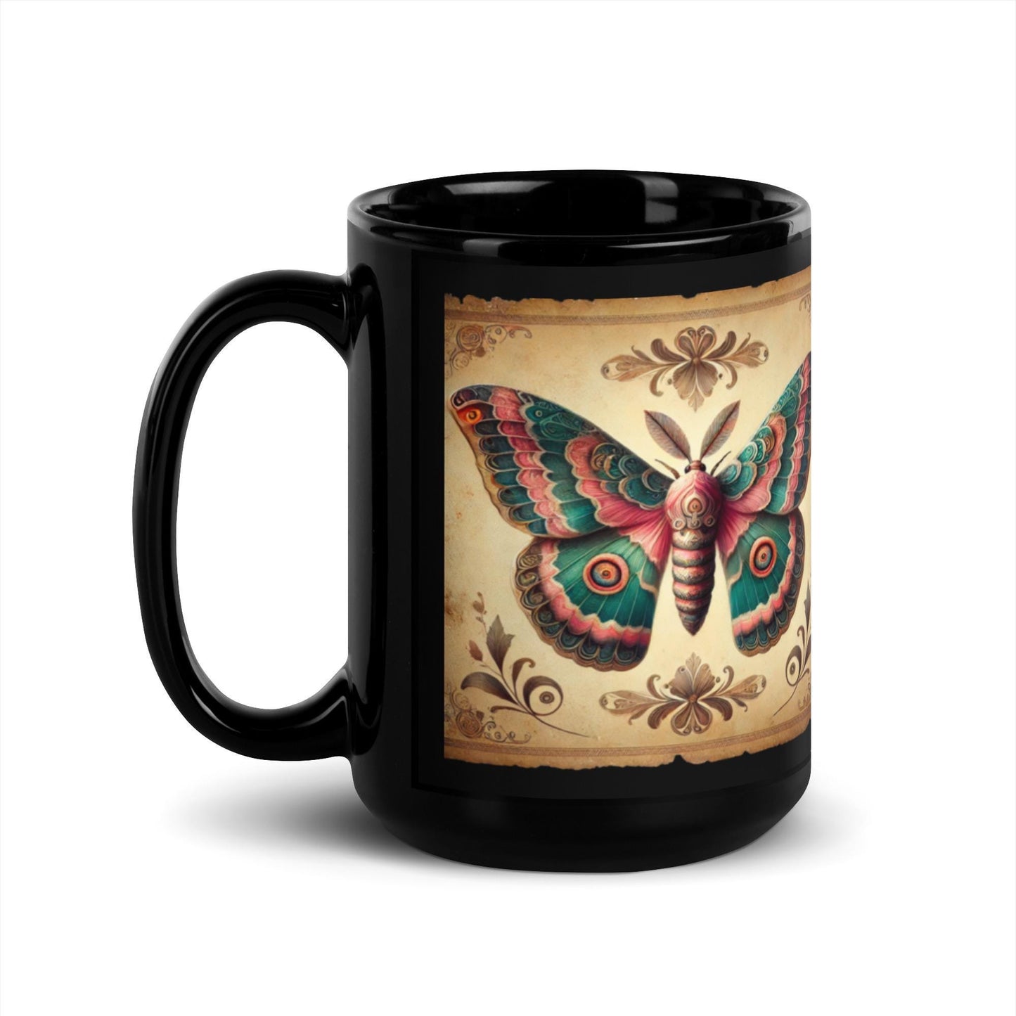 Beautiful Vintage Moth Design on a Black Glossy Mug | Gift for Moth Lover| Unique Moth Design Coffee or Tea Mug Gift HANDWASH ONLY