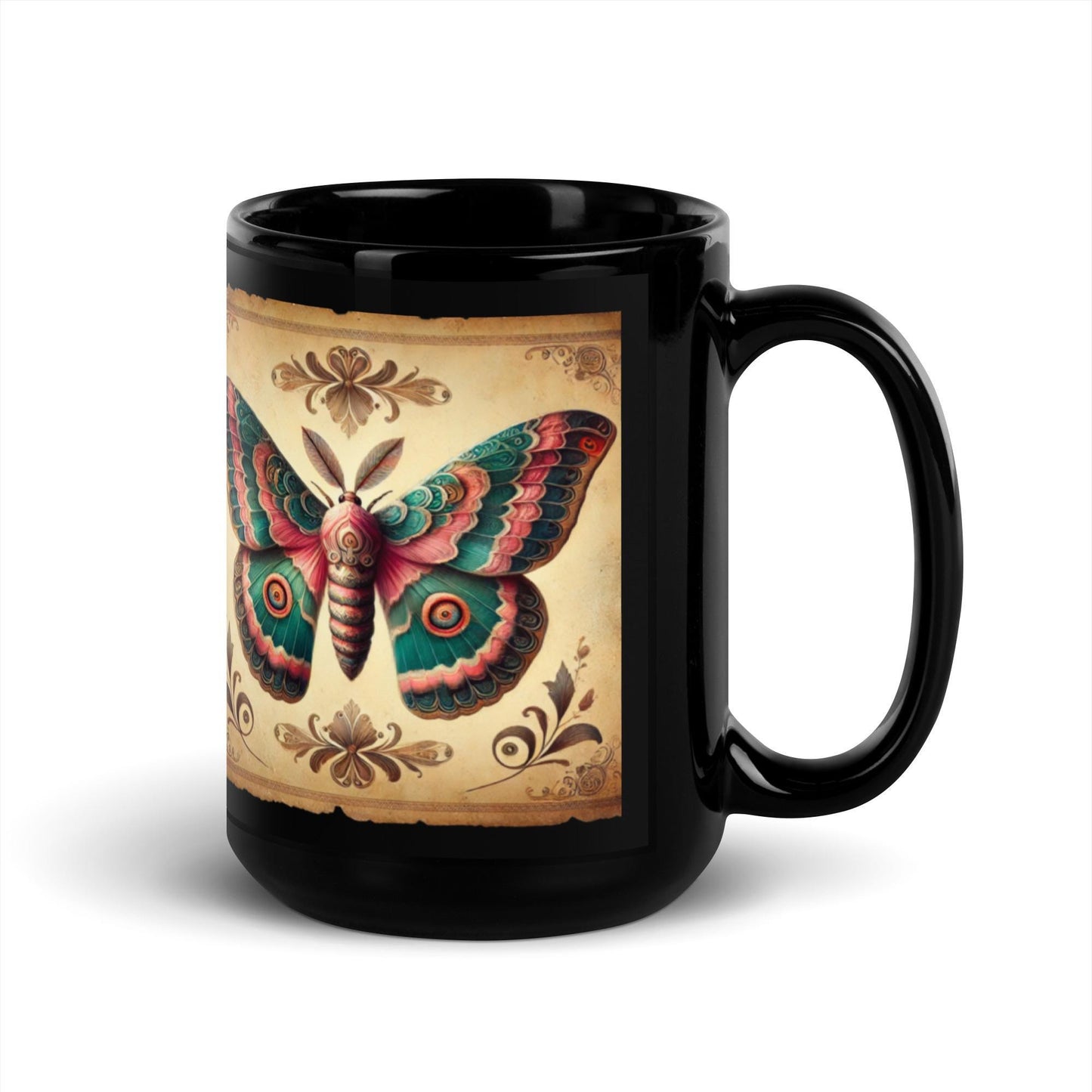 Beautiful Vintage Moth Design on a Black Glossy Mug | Gift for Moth Lover| Unique Moth Design Coffee or Tea Mug Gift HANDWASH ONLY