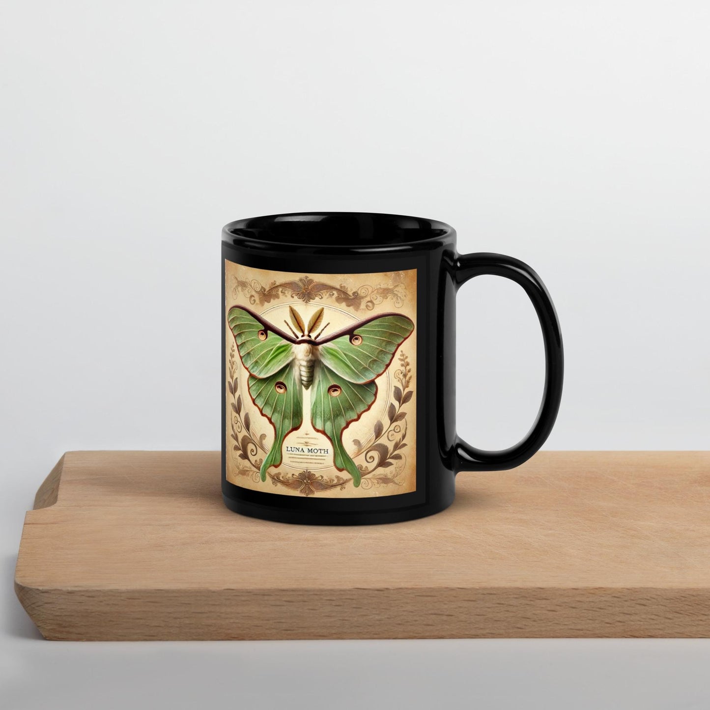 Luna Moth Vintage Design on Black Glossy Mug | Gift for Moth Lover| Unique Moth Design on a Coffee or Tea Mug Gift HANDWASH ONLY